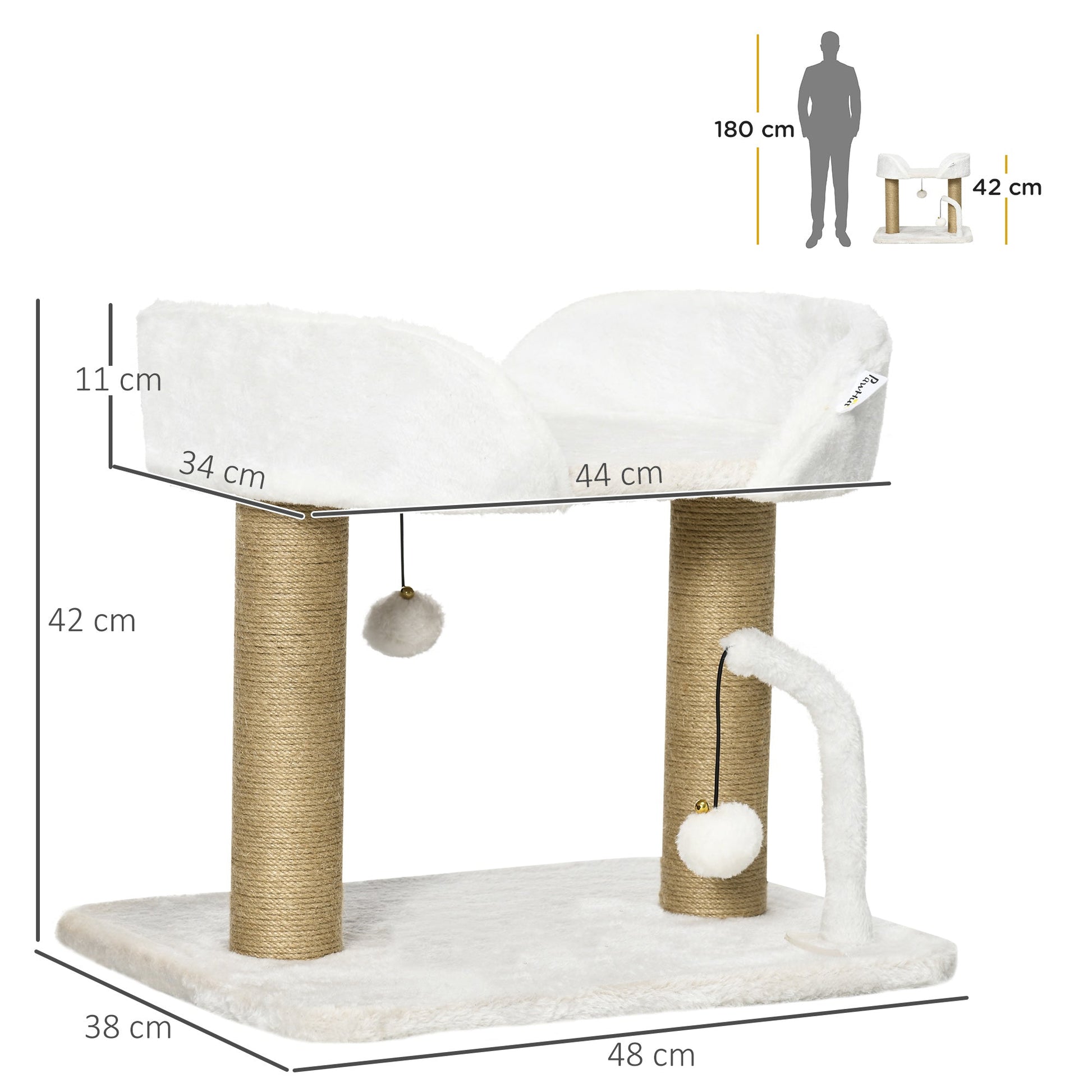 Cat Scratching Post Cat Tree Tower With Bed for Indoor Cats Scratcher Toy Balls 48 x 38 x 42cm - White