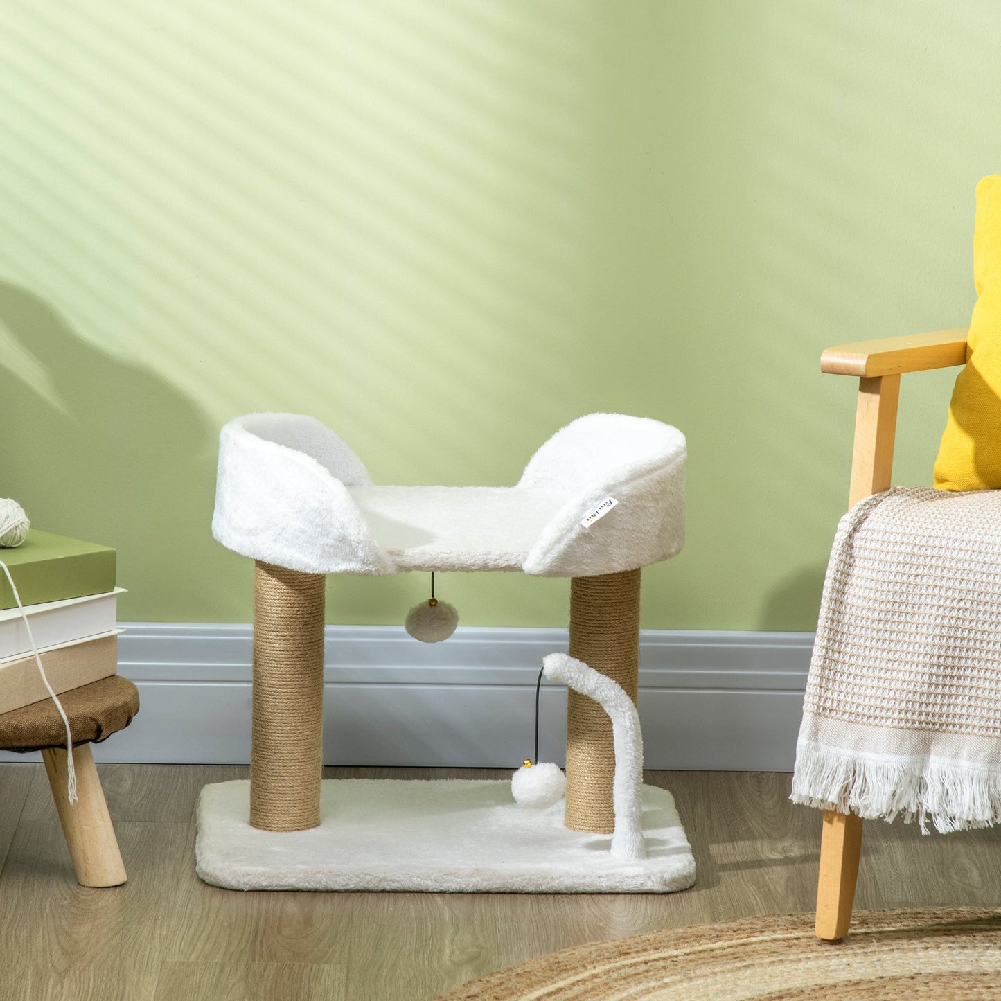 Cat Scratching Post Cat Tree Tower With Bed for Indoor Cats Scratcher Toy Balls 48 x 38 x 42cm - White