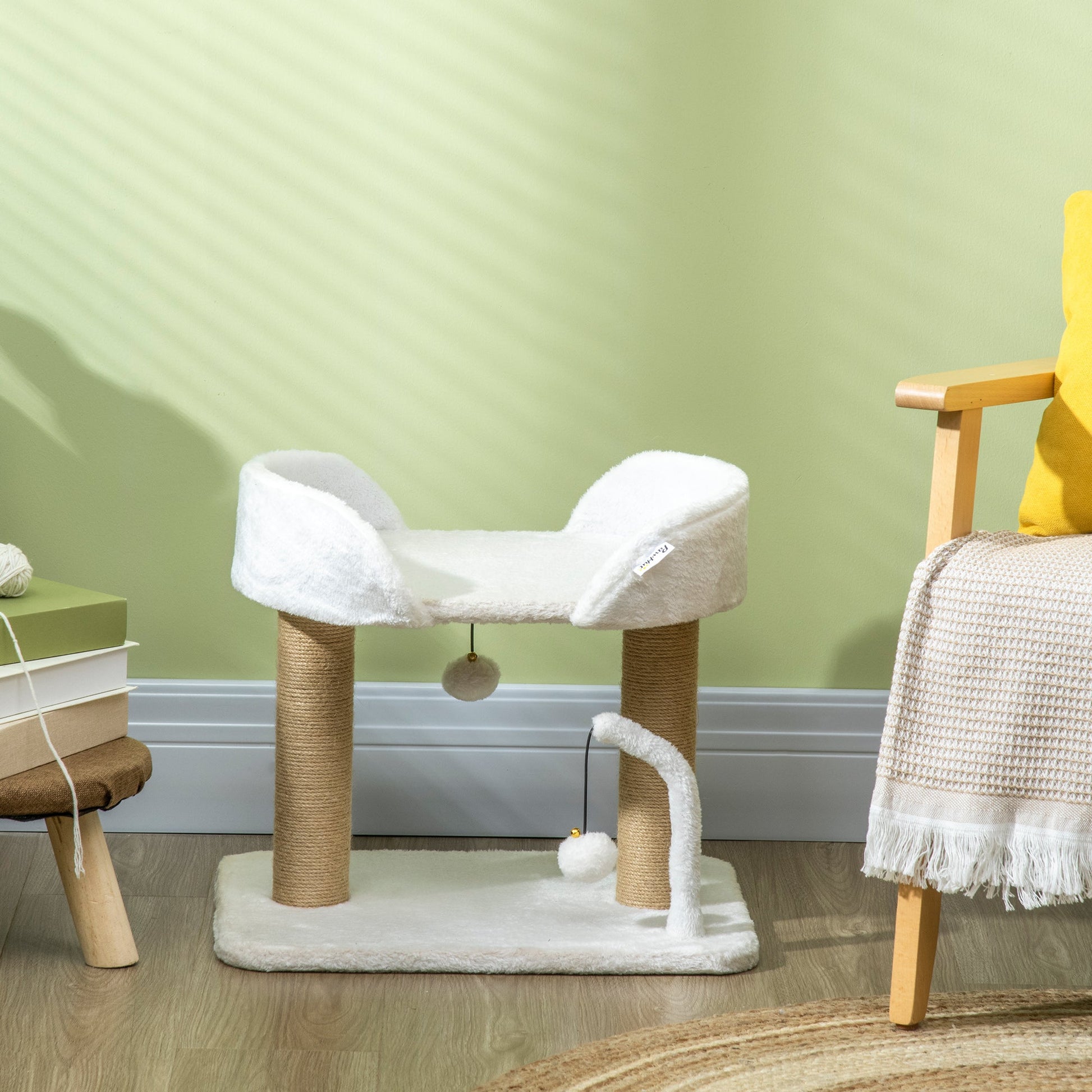 Cat Scratching Post Cat Tree Tower With Bed for Indoor Cats Scratcher Toy Balls 48 x 38 x 42cm - White