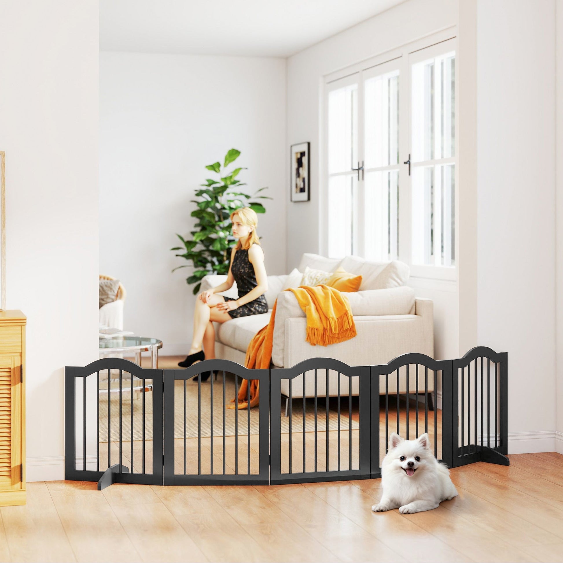 Wooden Foldable Dog Gate Panel Pet Fence Freestanding Safety Barrier for the House, Doorway, Stairs (Black)