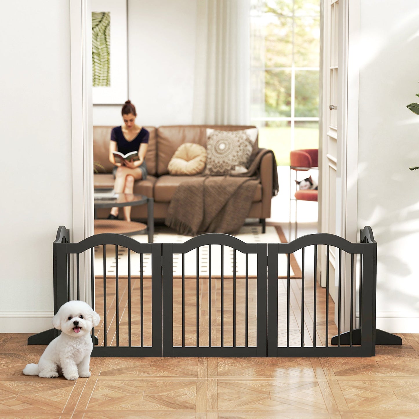 Wooden Foldable Dog Gate Panel Pet Fence Freestanding Safety Barrier for the House, Doorway, Stairs (Black)