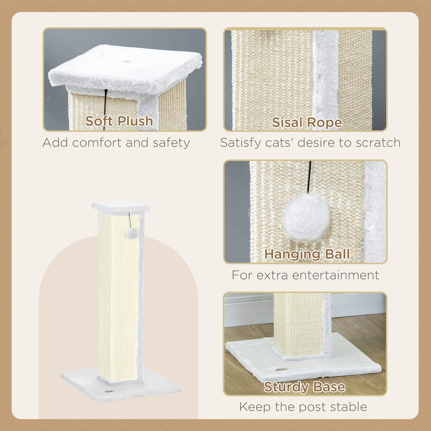 Cat Scratching Post for Indoor Cats, 81cm Cat Scratcher, Vertical Full Scratcher with Natural Sisal Rope, Hanging Ball and Soft Plush, White