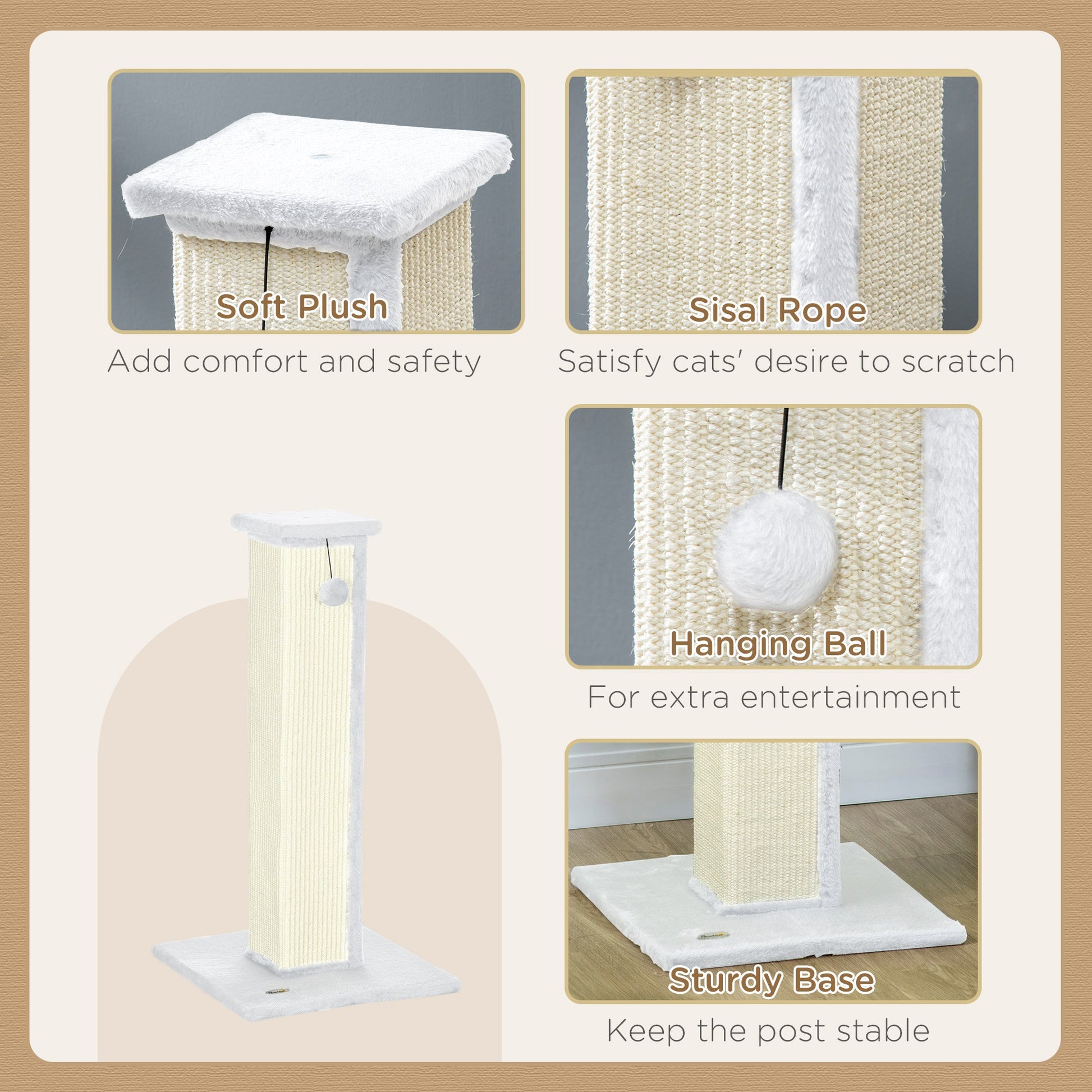 Cat Scratching Post for Indoor Cats, 81cm Cat Scratcher, Vertical Full Scratcher with Natural Sisal Rope, Hanging Ball and Soft Plush, White