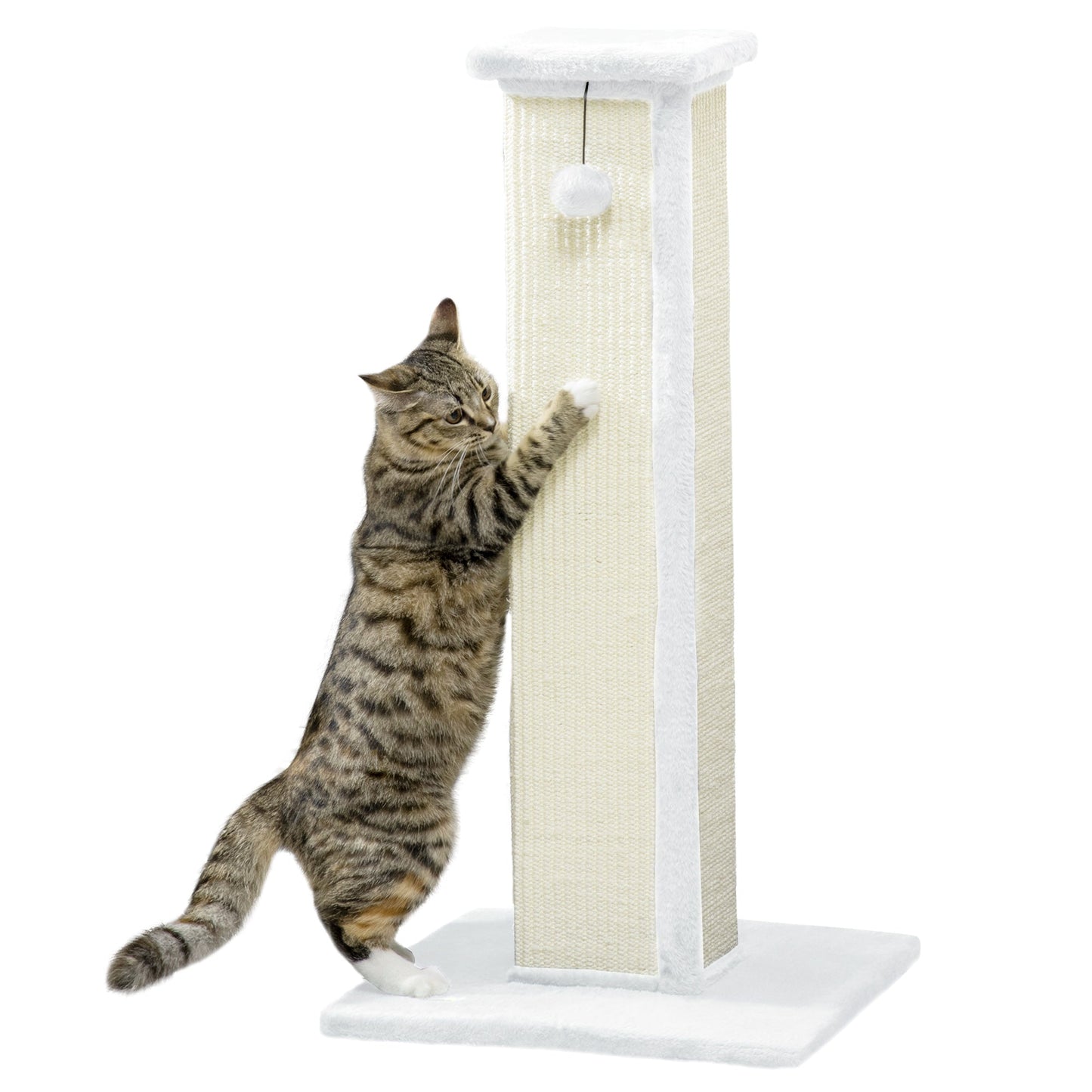 Cat Scratching Post for Indoor Cats, 81cm Cat Scratcher, Vertical Full Scratcher with Natural Sisal Rope, Hanging Ball and Soft Plush, White