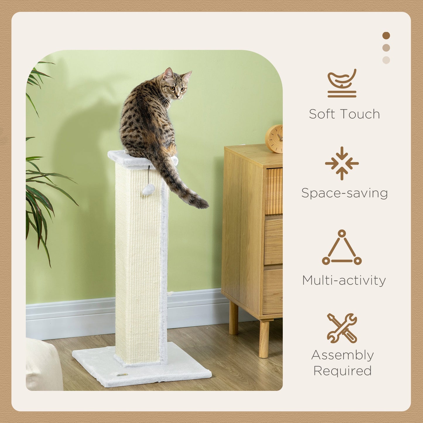 Cat Scratching Post for Indoor Cats, 81cm Cat Scratcher, Vertical Full Scratcher with Natural Sisal Rope, Hanging Ball and Soft Plush, White