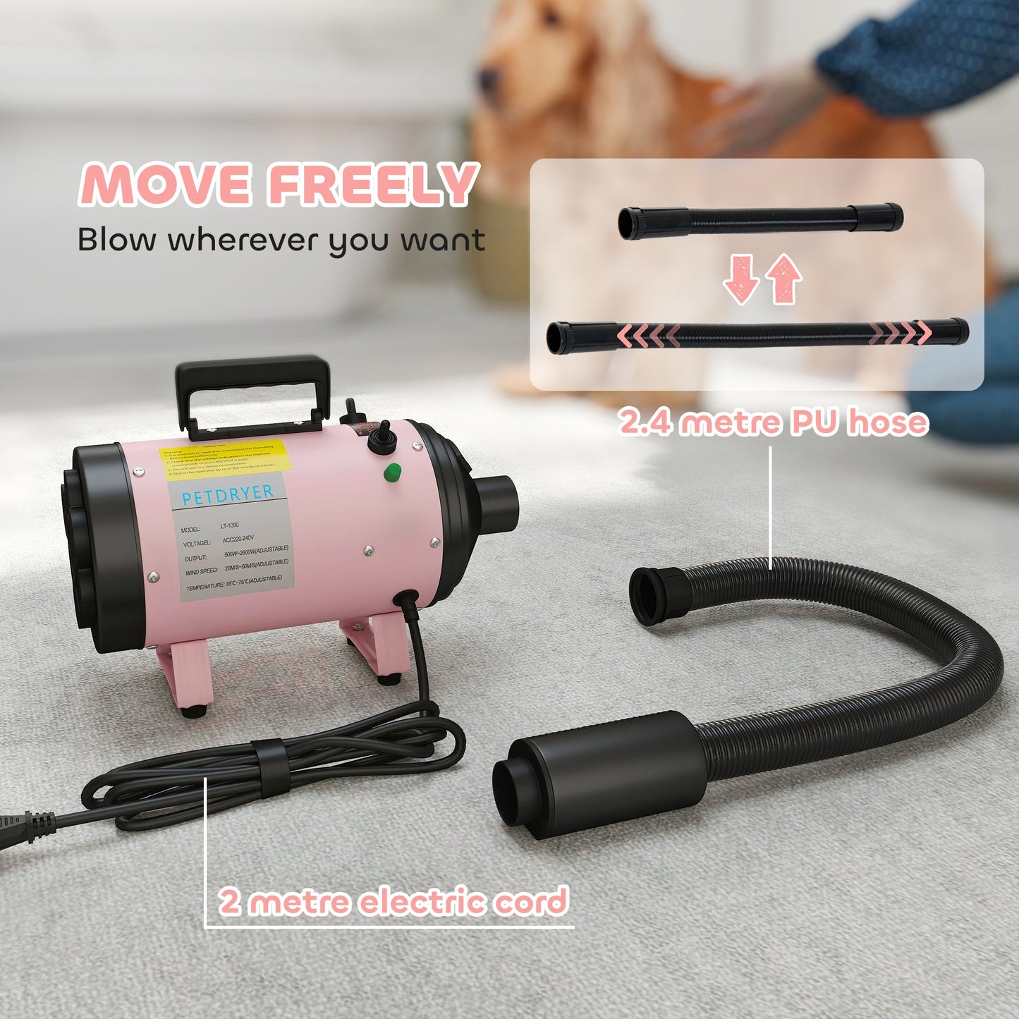 Dog Hair Dryer, 2200W Pet Grooming Hair Dryer with Adjustable Temperature & Velocity, Professional Low Noise Dog Blaster with 3 Different Nozzles, Pink