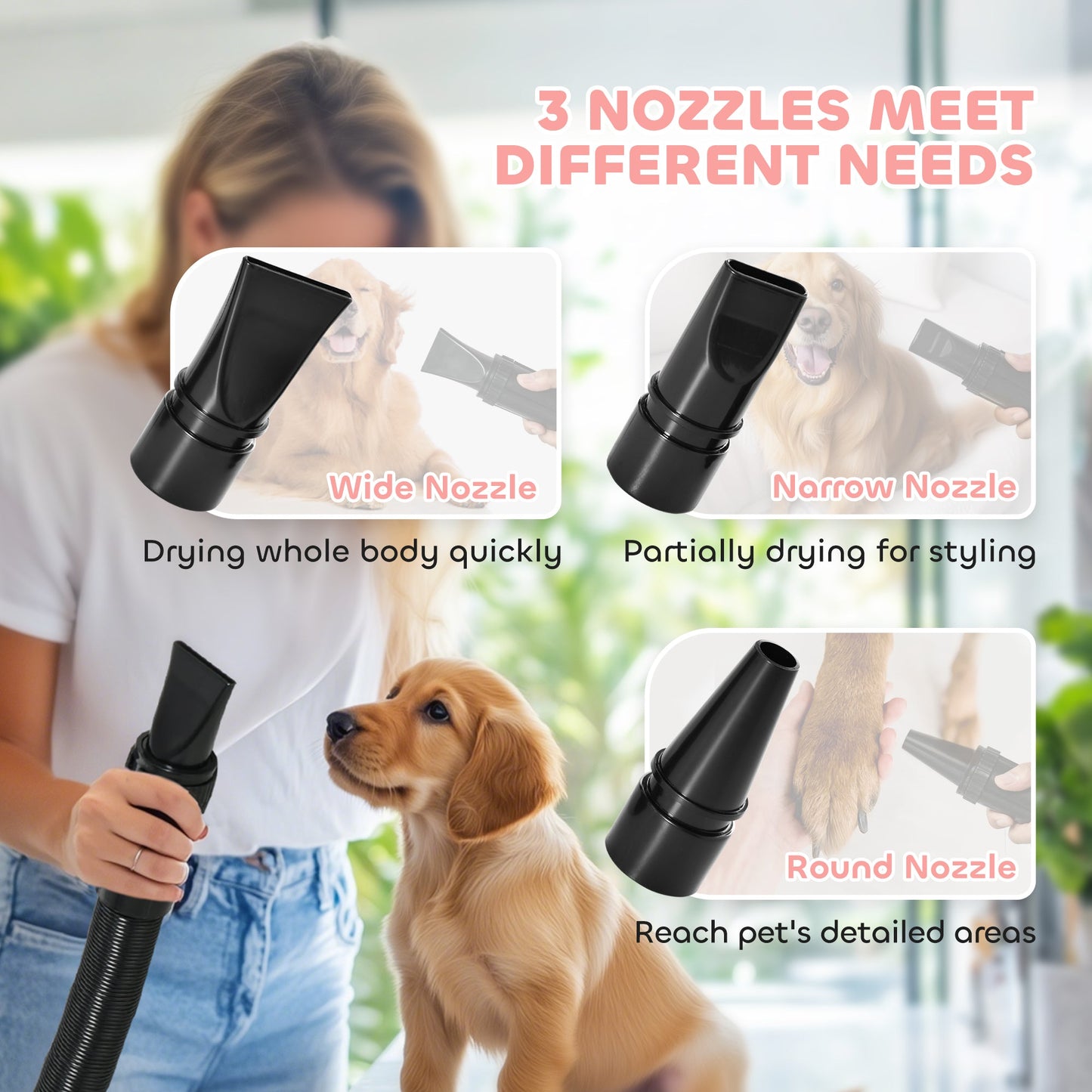 Dog Hair Dryer, 2200W Pet Grooming Hair Dryer with Adjustable Temperature & Velocity, Professional Low Noise Dog Blaster with 3 Different Nozzles, Pink