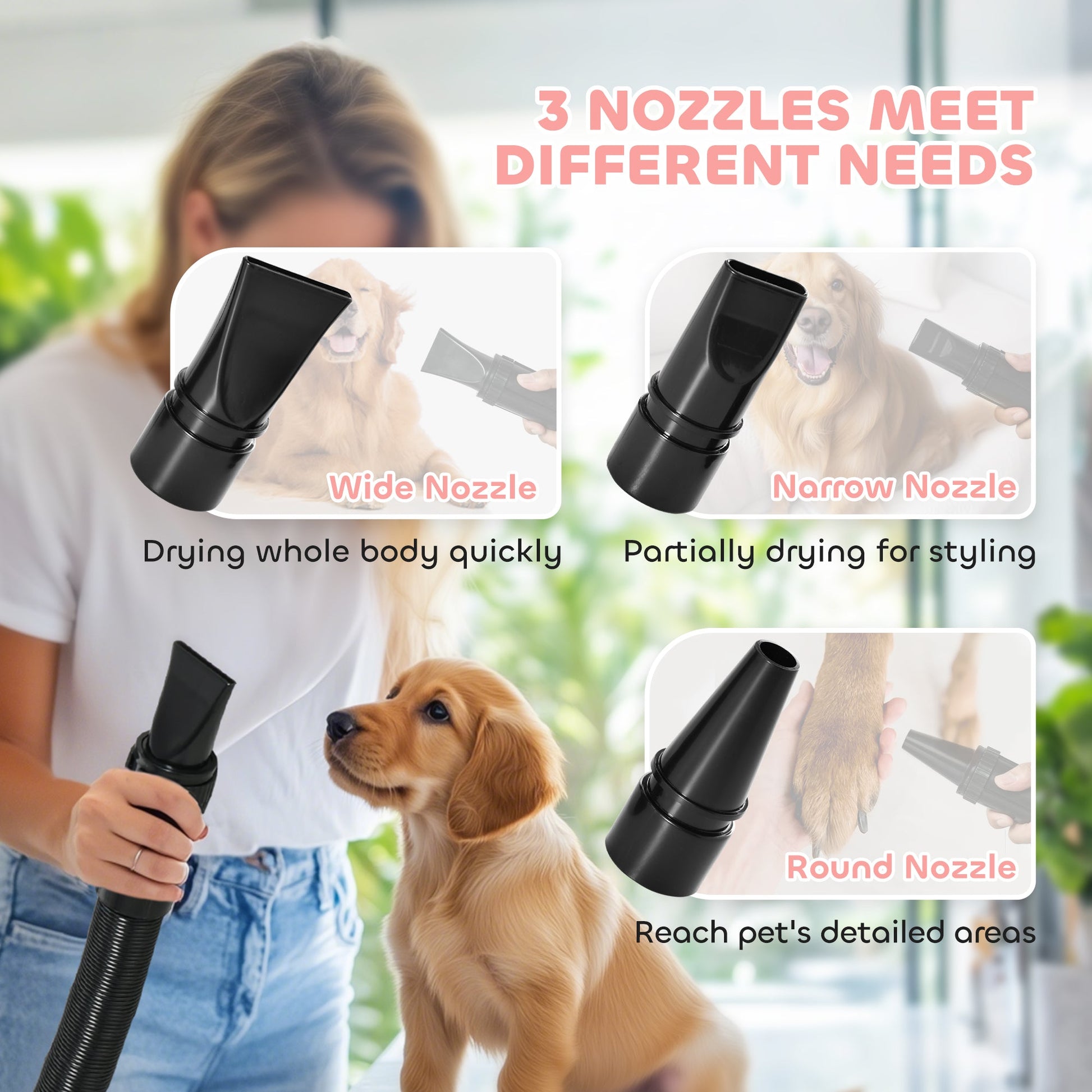 Dog Hair Dryer, 2200W Pet Grooming Hair Dryer with Adjustable Temperature & Velocity, Professional Low Noise Dog Blaster with 3 Different Nozzles, Pink