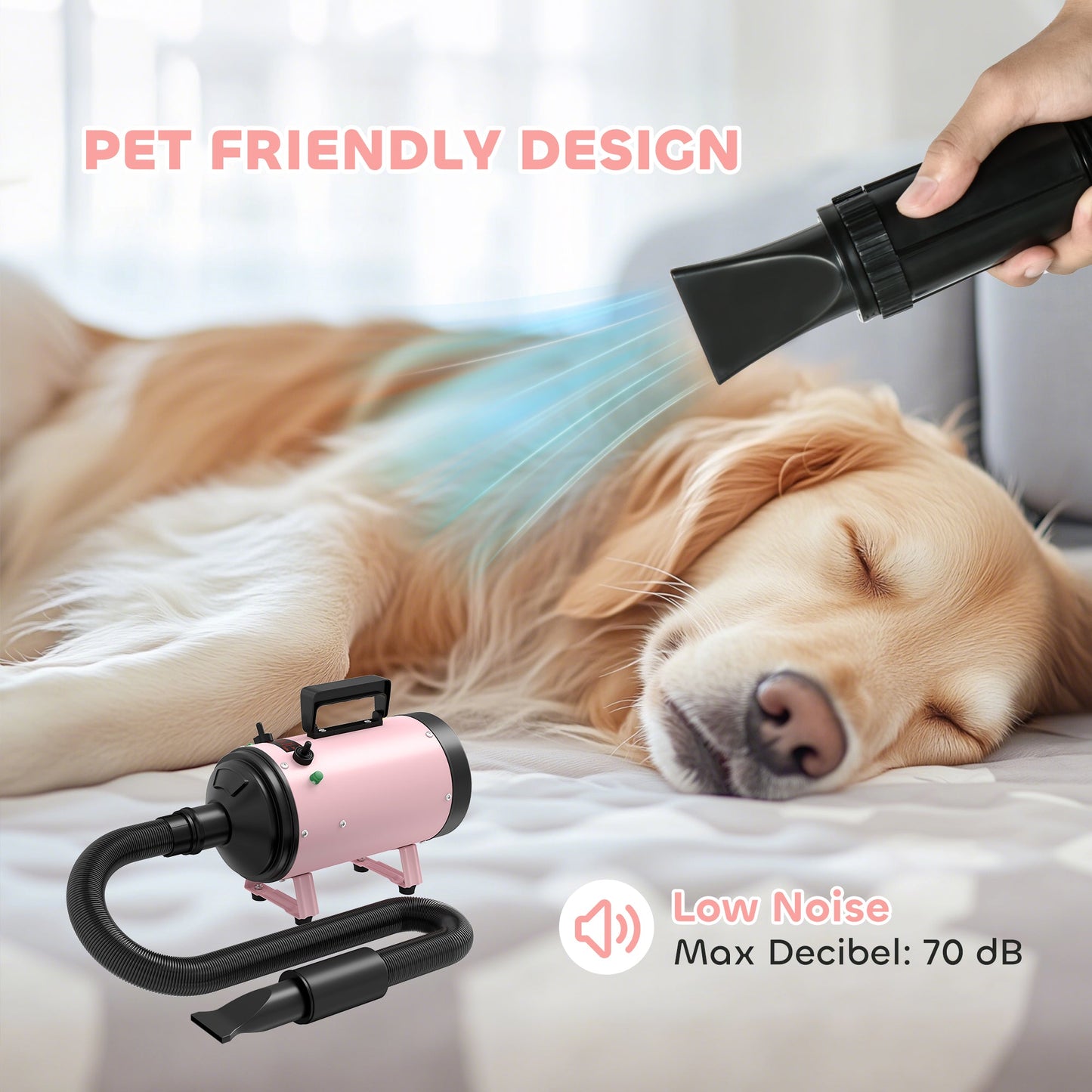 Dog Hair Dryer, 2200W Pet Grooming Hair Dryer with Adjustable Temperature & Velocity, Professional Low Noise Dog Blaster with 3 Different Nozzles, Pink
