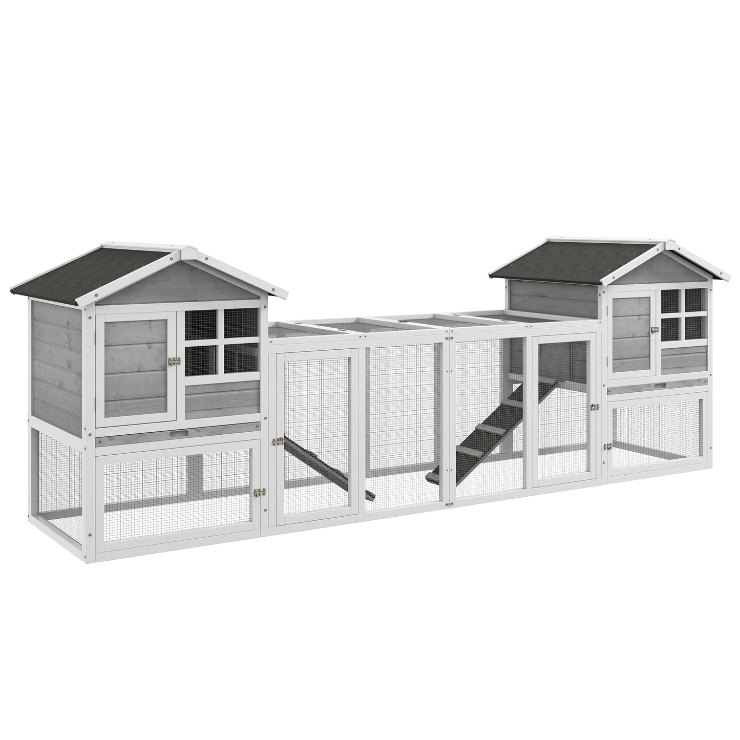 2 in 1 Rabbit Hutch Outdoor Guinea Pig Hutch Bunny Run Double Main House with Run, No-Leak Tray 259 x 64 x 92cm, Grey