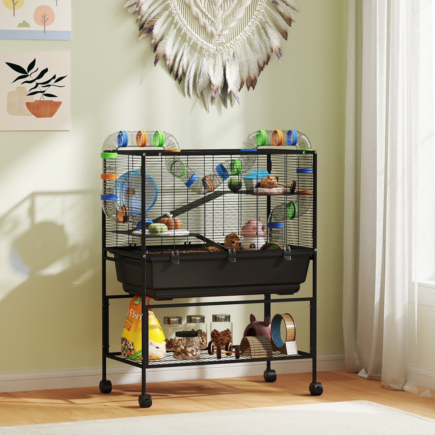 Hamster Cage, 3 Tier Large Gerbil Cage on Wheels with 17 cm Deep Tray, Storage Shelf, Big Exercise Wheel, Tube System, Hut, Platforms, Ramps, Food Dish, Water Bottle, for Syrian Hamsters, Rats
