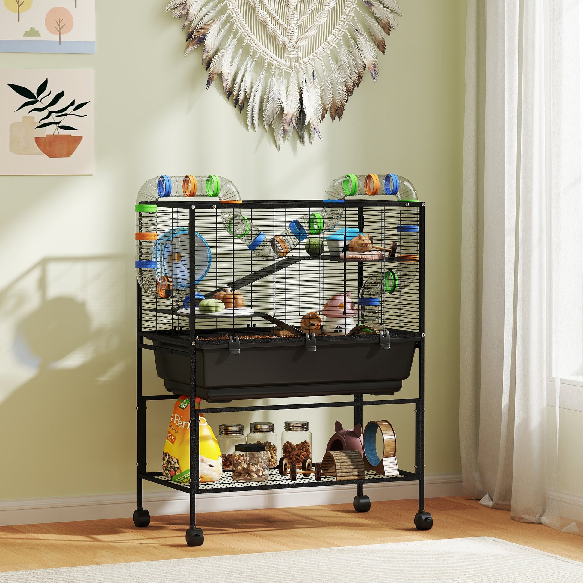 Hamster Cage, 3 Tier Large Gerbil Cage on Wheels with 17 cm Deep Tray, Storage Shelf, Big Exercise Wheel, Tube System, Hut, Platforms, Ramps, Food Dish, Water Bottle, for Syrian Hamsters, Rats