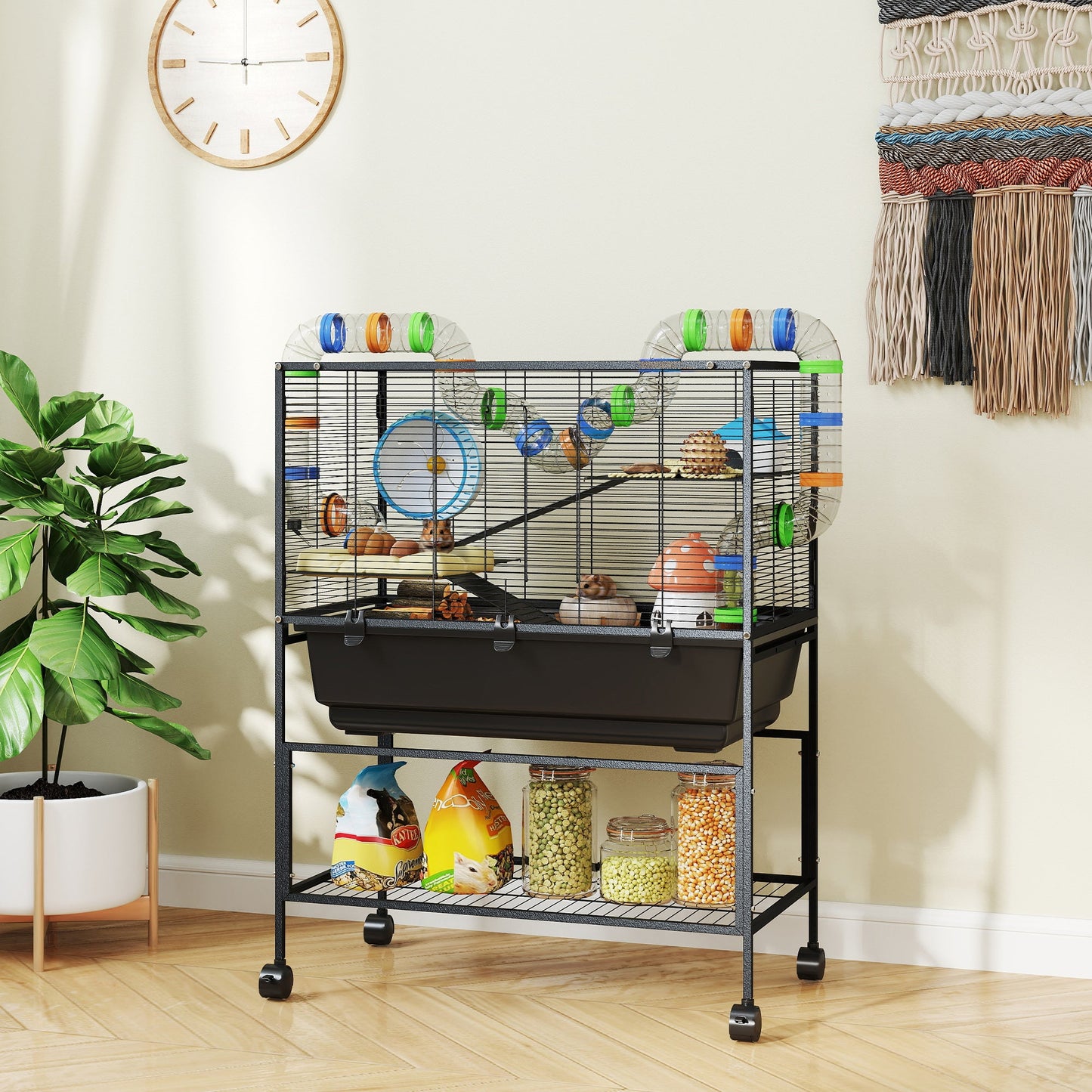Hamster Cage, 3 Tier Large Gerbil Cage on Wheels with 17 cm Deep Tray, Storage Shelf, Big Exercise Wheel, Tube System, Hut, Platforms, Ramps, Food Dish, Water Bottle, for Syrian Hamsters, Rats