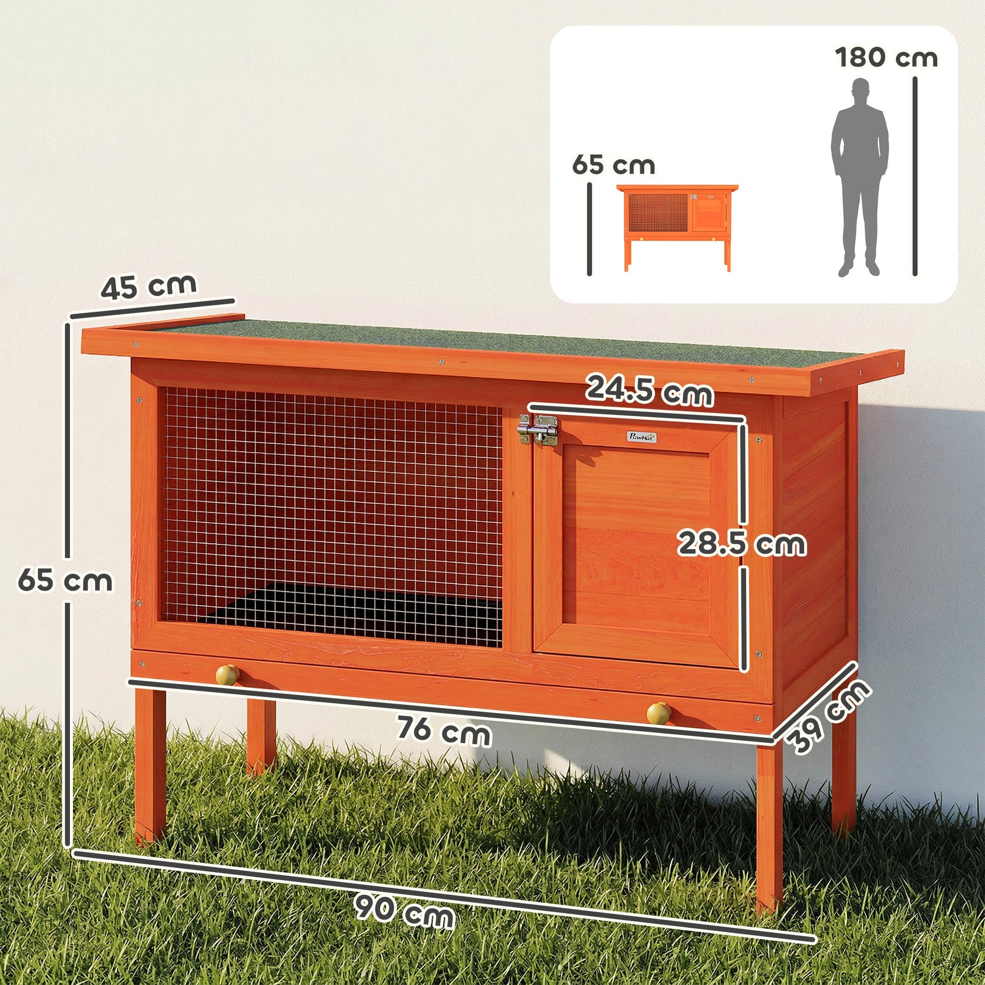 Wooden Rabbit Hutch, Guinea Pig Hutch with Openable Asphalt Roof and Pull-Out Tray, Outdoor Elevated Bunny House for Rabbits, Chinchillas and Small Animals, Indoor Outdoor Use, Orange