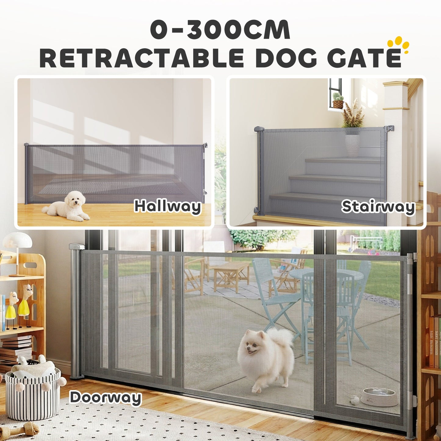Retractable Stair Gate for Dogs, Pet Gate, Extends to 300 cm Wide & 104 cm Tall, One Handed Operation, for Stairs, Hallways, Doorways, Indoor and Outdoor, Grey