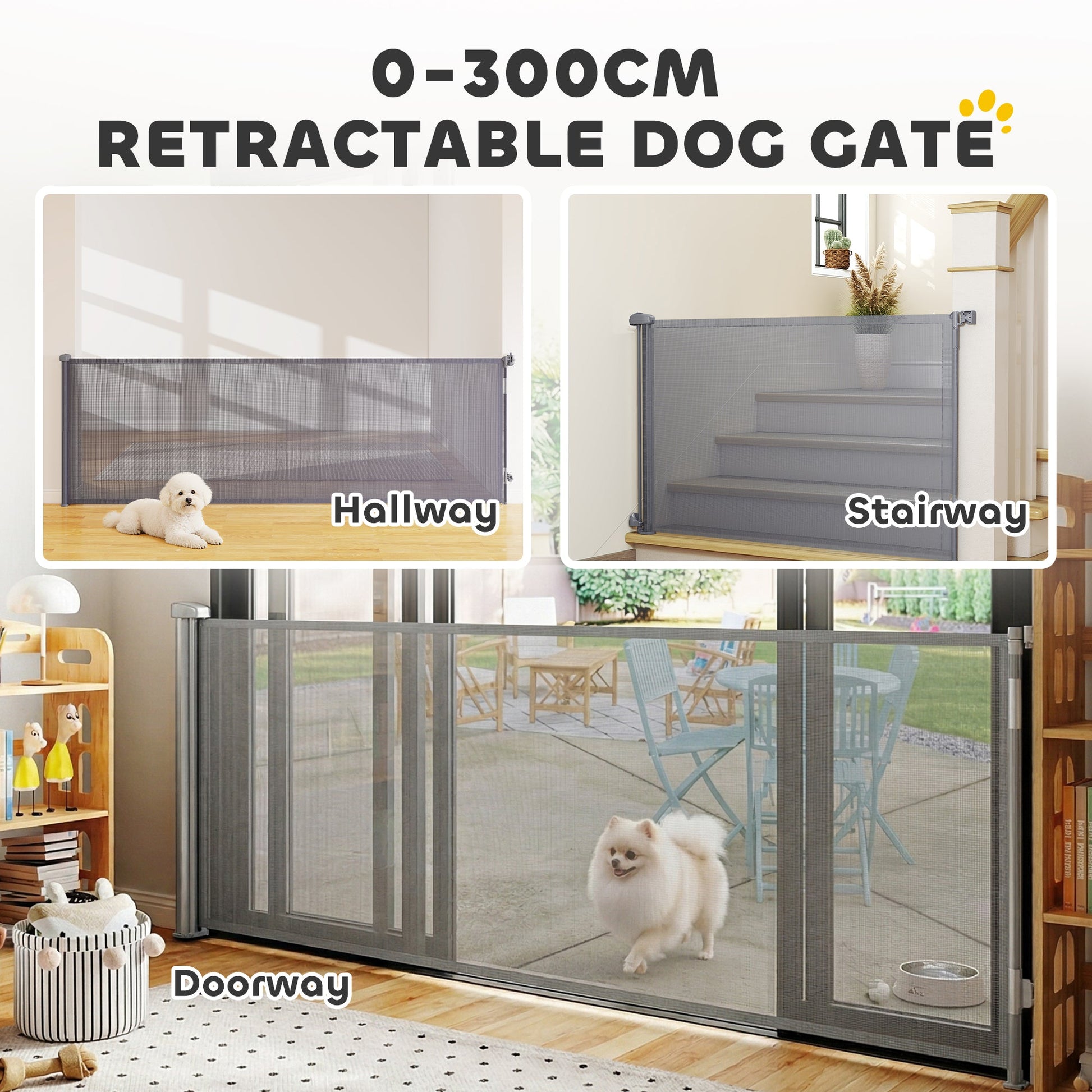 Retractable Stair Gate for Dogs, Pet Gate, Extends to 300 cm Wide & 104 cm Tall, One Handed Operation, for Stairs, Hallways, Doorways, Indoor and Outdoor, Grey