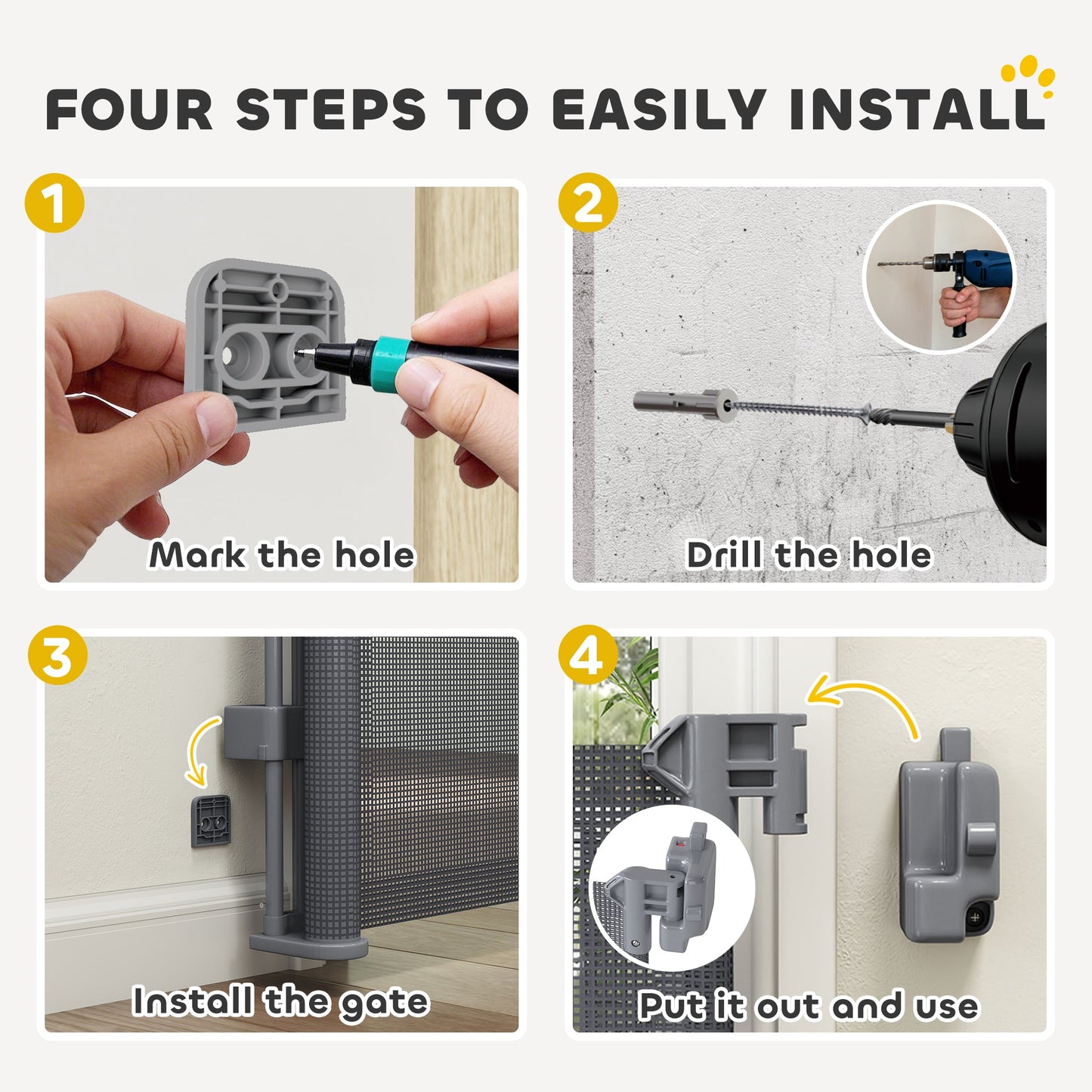 Retractable Stair Gate for Dogs, Pet Gate, Extends to 300 cm Wide & 104 cm Tall, One Handed Operation, for Stairs, Hallways, Doorways, Indoor and Outdoor, Grey