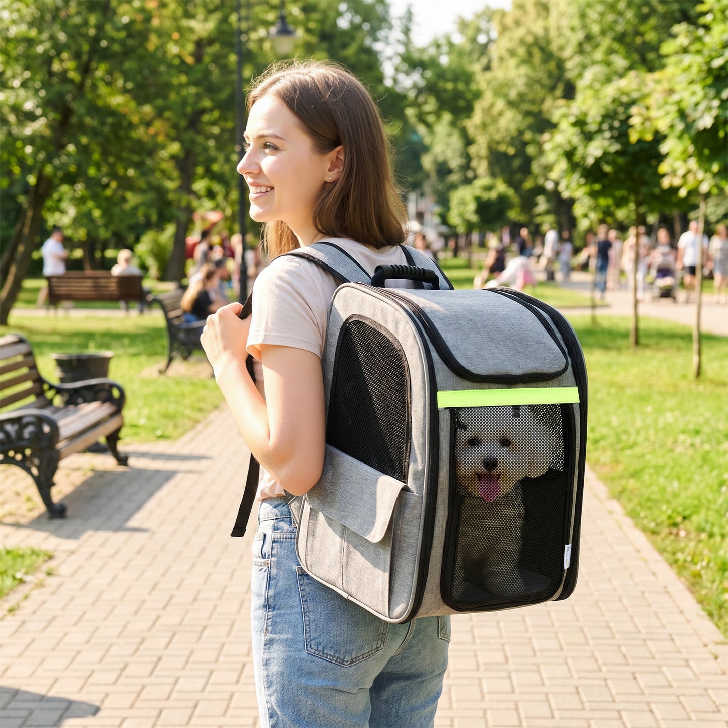 Dog Carrier Backpack Expandable, Breathable Pet Carrier Bag for Small Puppy Cat with Reflective Strip and 5 Pockets, for Travel Hiking Walking Camping, Light Grey