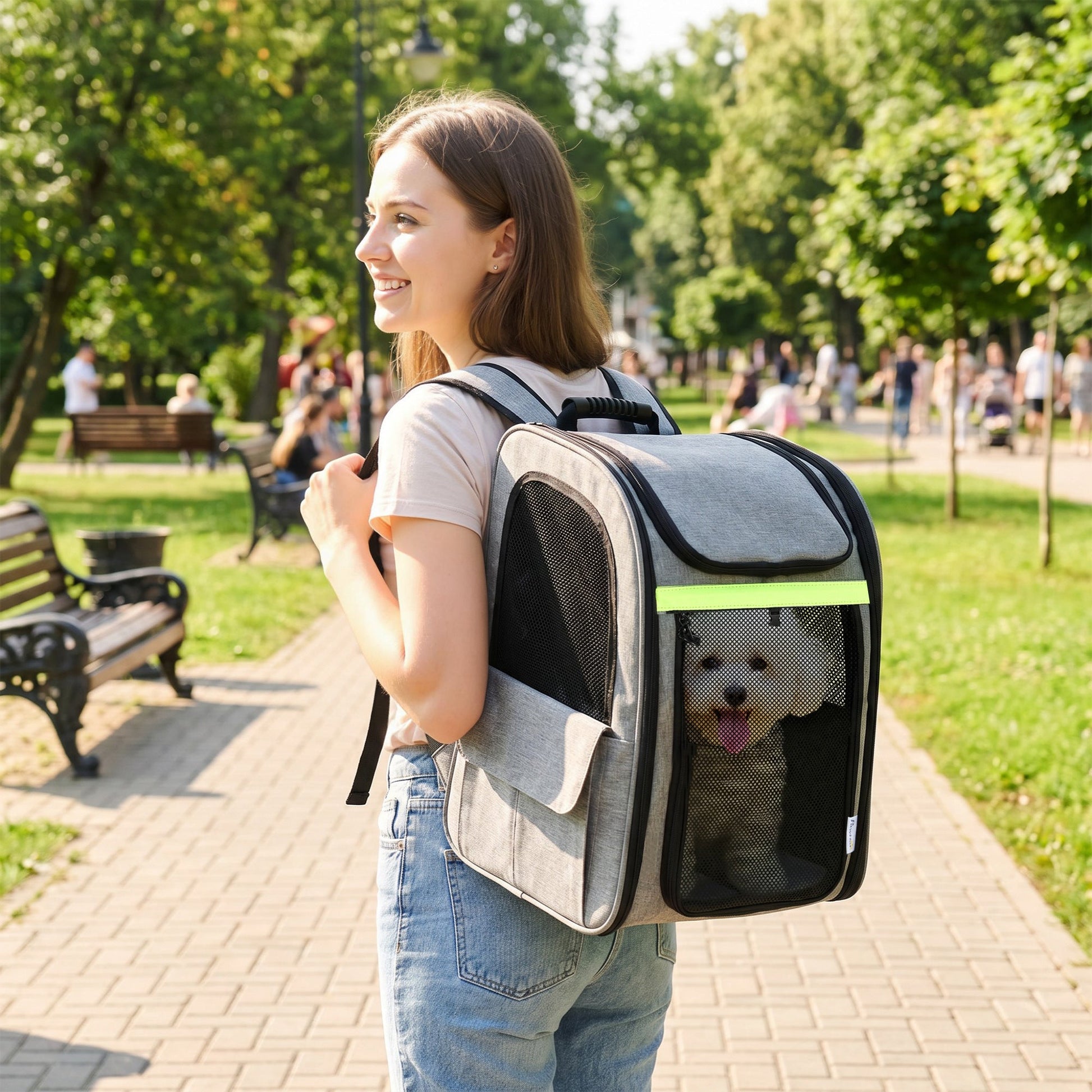 Dog Carrier Backpack Expandable, Breathable Pet Carrier Bag for Small Puppy Cat with Reflective Strip and 5 Pockets, for Travel Hiking Walking Camping, Light Grey
