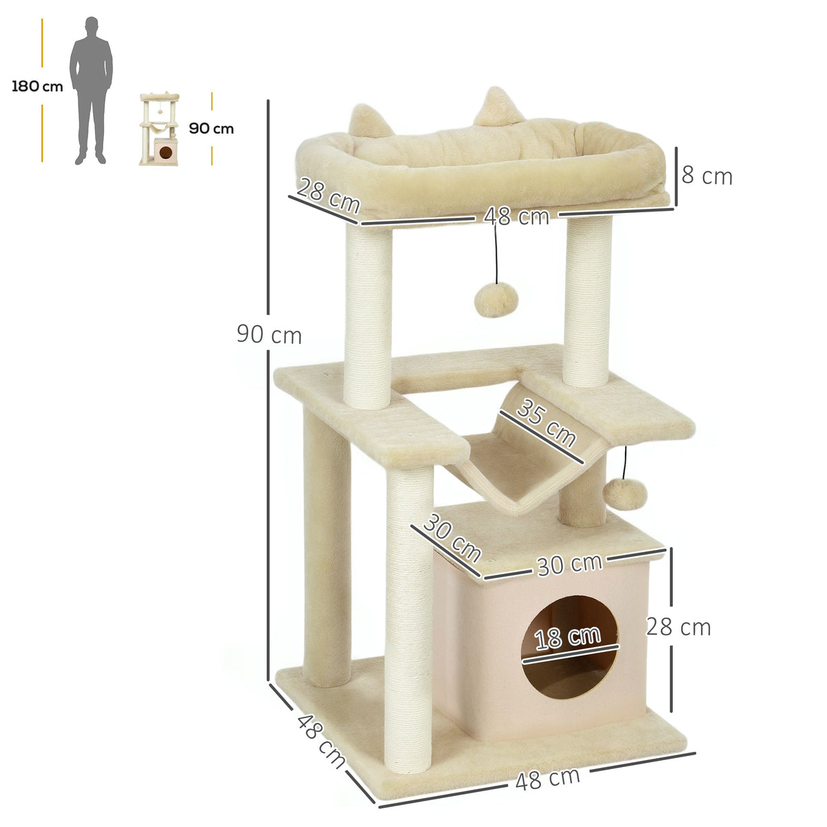 Cat Tree, 90cm Cat Tower with Sisal Scratching Posts, Cat Condo, Hammock, Top Perch and 2 Hanging Toys for Indoor Cats, Beige