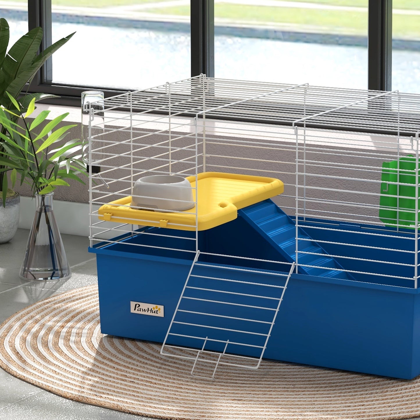 Guinea Pig Cage Chinchillas Rabbit Small Animal Cage with Ramp, Dish, Water Bottle, 71 x 46 x 47cm, Blue