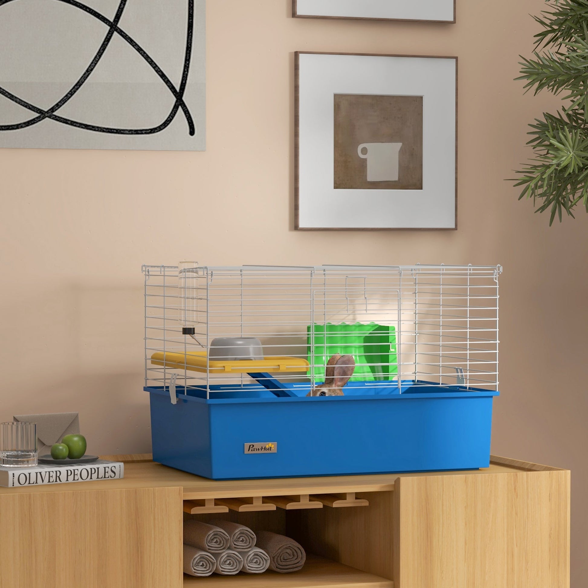 Guinea Pig Cage Chinchillas Rabbit Small Animal Cage with Ramp, Dish, Water Bottle, 71 x 46 x 47cm, Blue