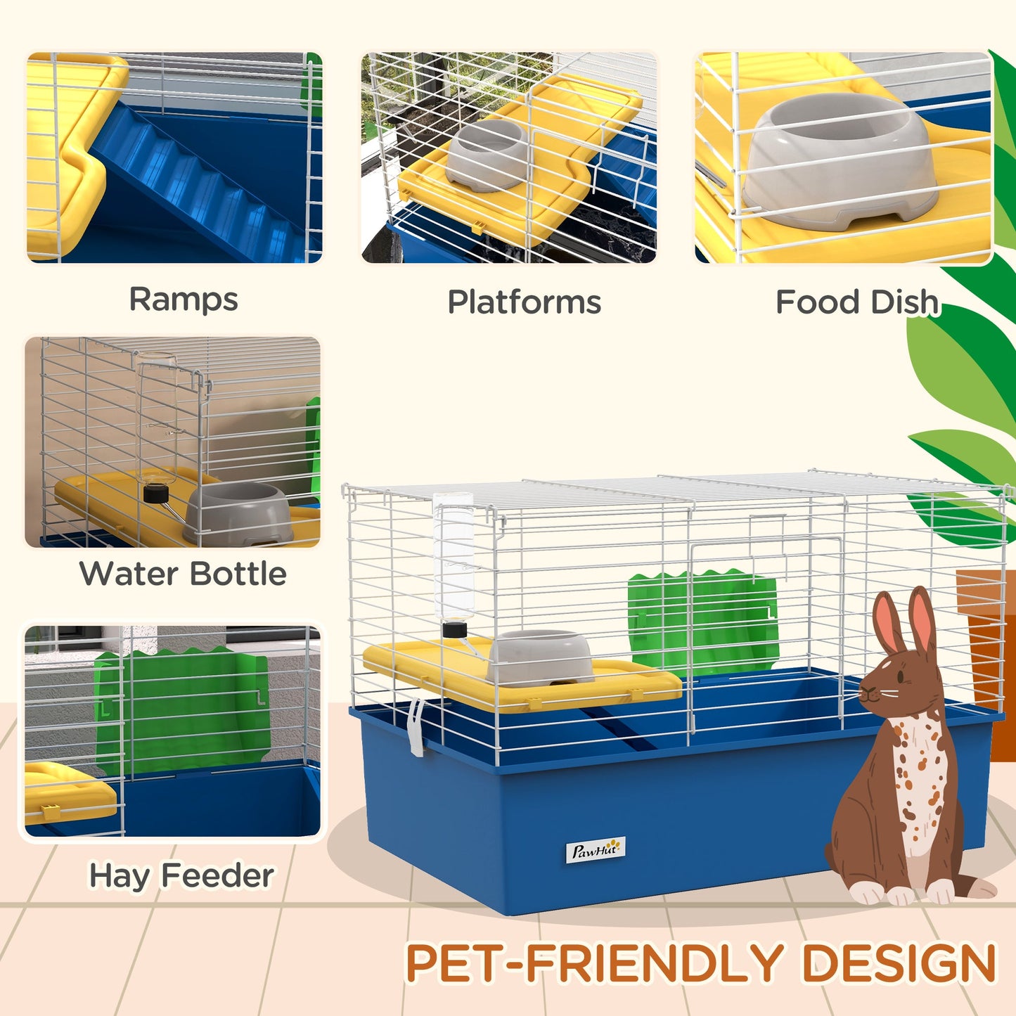 Guinea Pig Cage Chinchillas Rabbit Small Animal Cage with Ramp, Dish, Water Bottle, 71 x 46 x 47cm, Blue