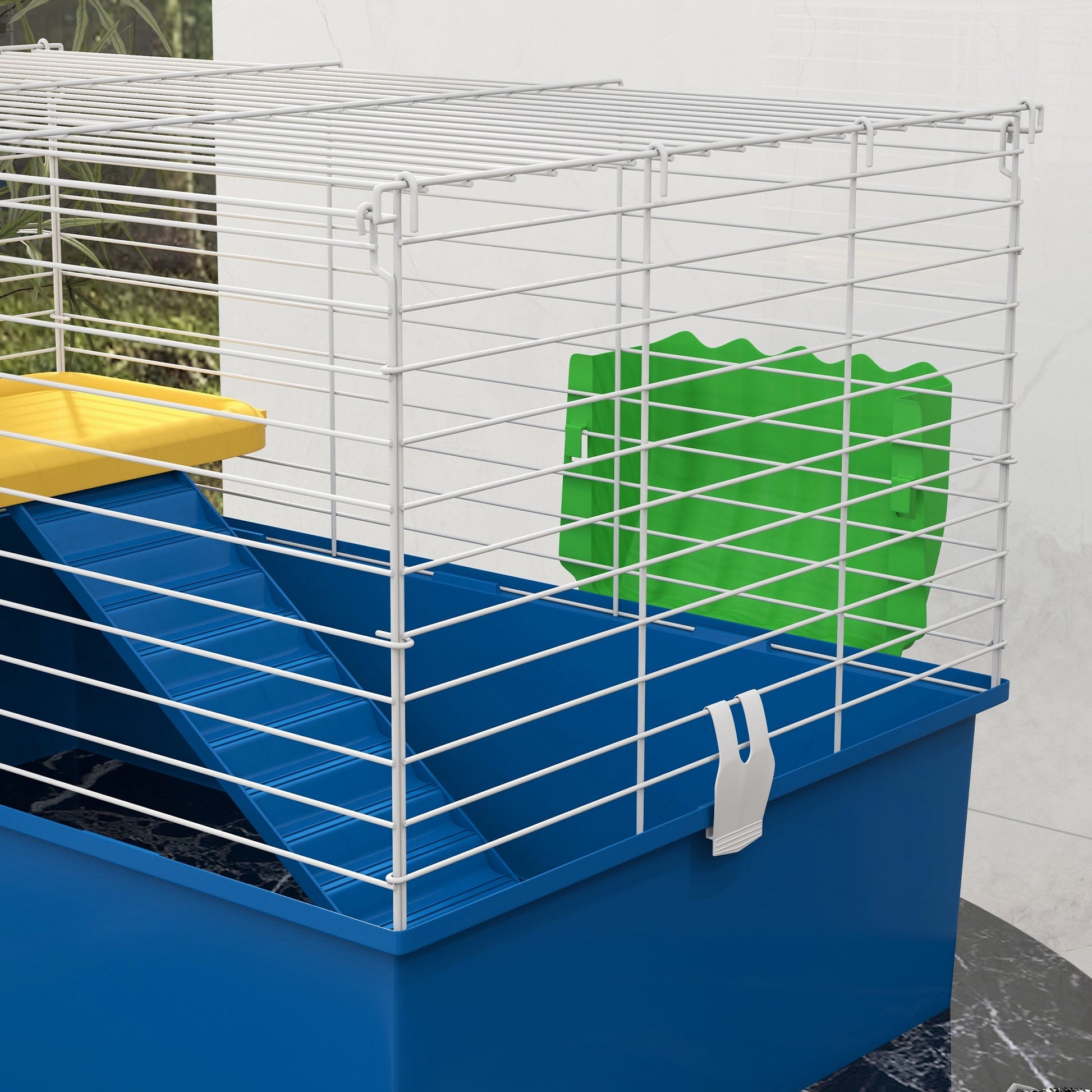 Guinea Pig Cage Chinchillas Rabbit Small Animal Cage with Ramp, Dish, Water Bottle, 71 x 46 x 47cm, Blue
