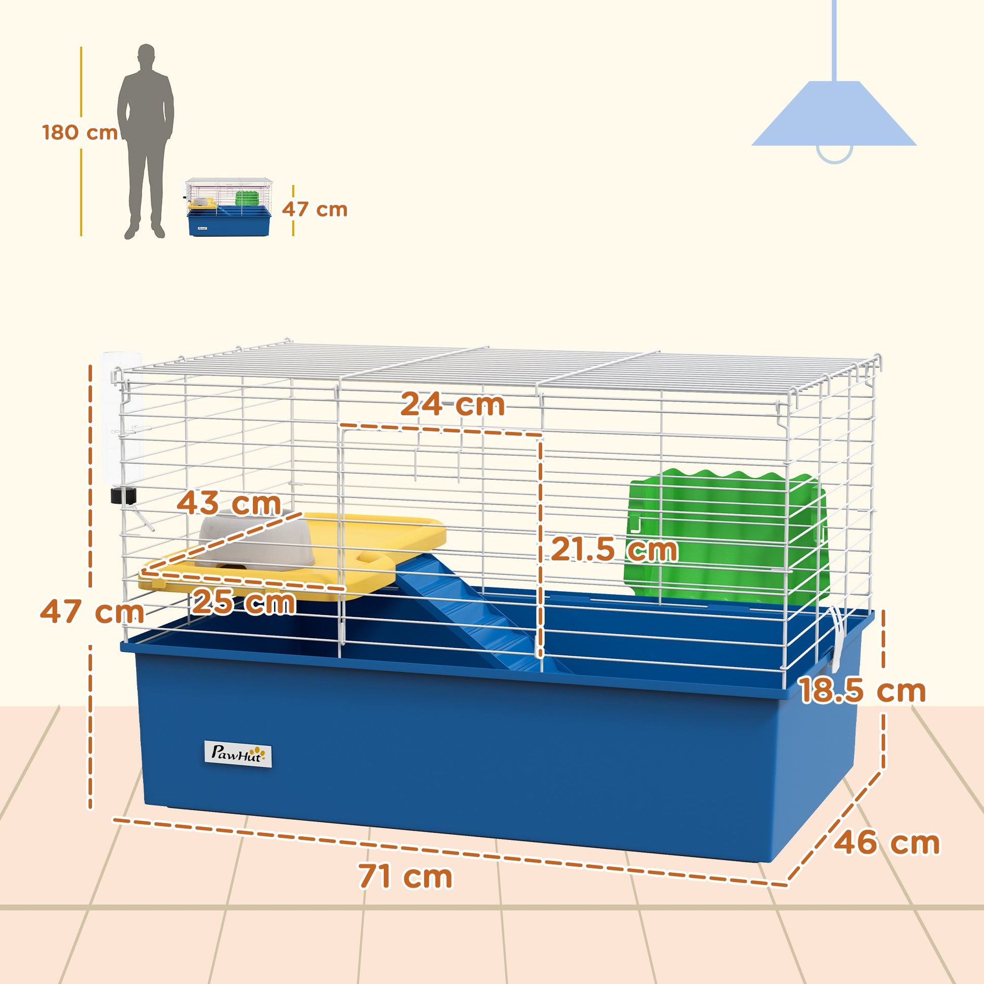 Guinea Pig Cage Chinchillas Rabbit Small Animal Cage with Ramp, Dish, Water Bottle, 71 x 46 x 47cm, Blue