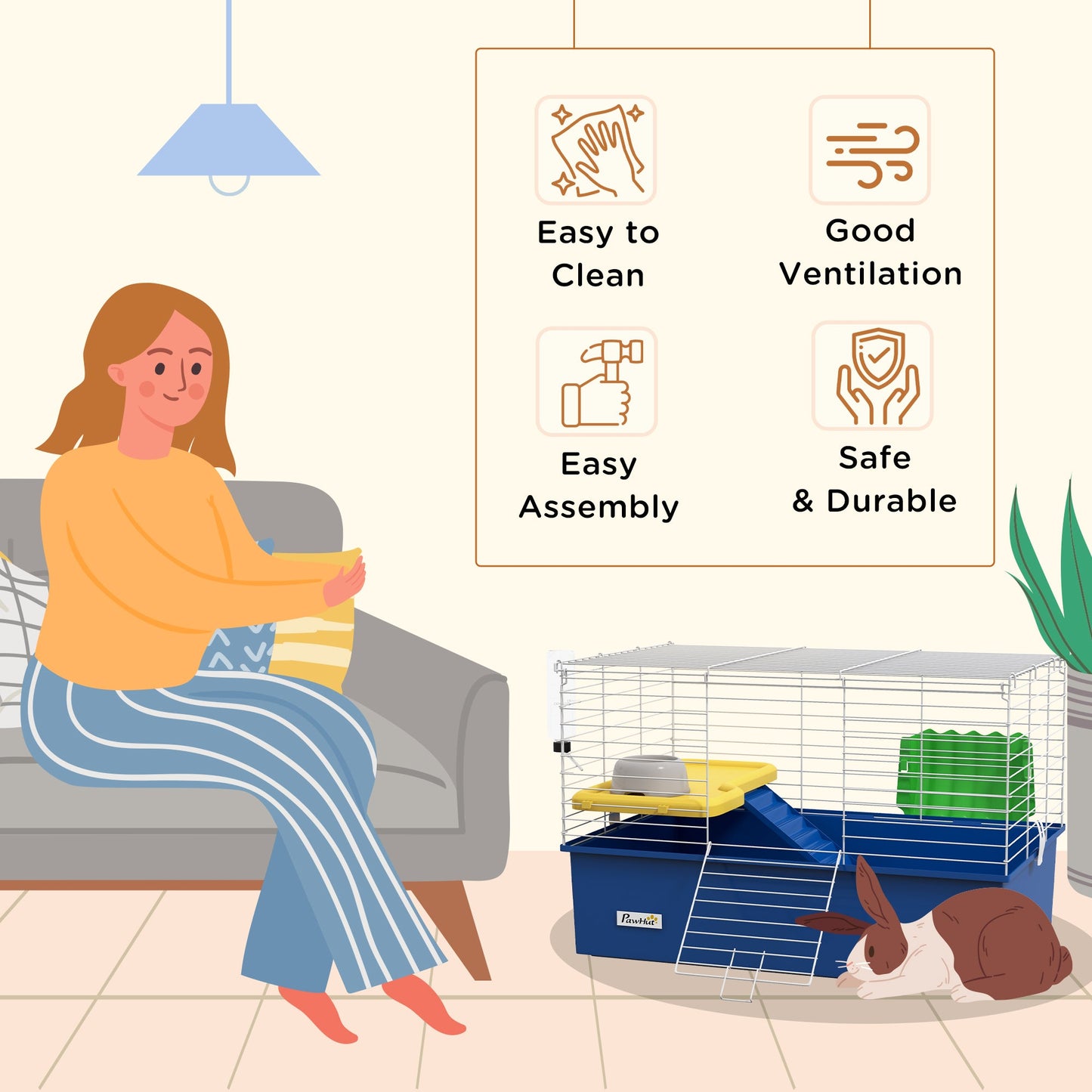 Guinea Pig Cage Chinchillas Rabbit Small Animal Cage with Ramp, Dish, Water Bottle, 71 x 46 x 47cm, Blue