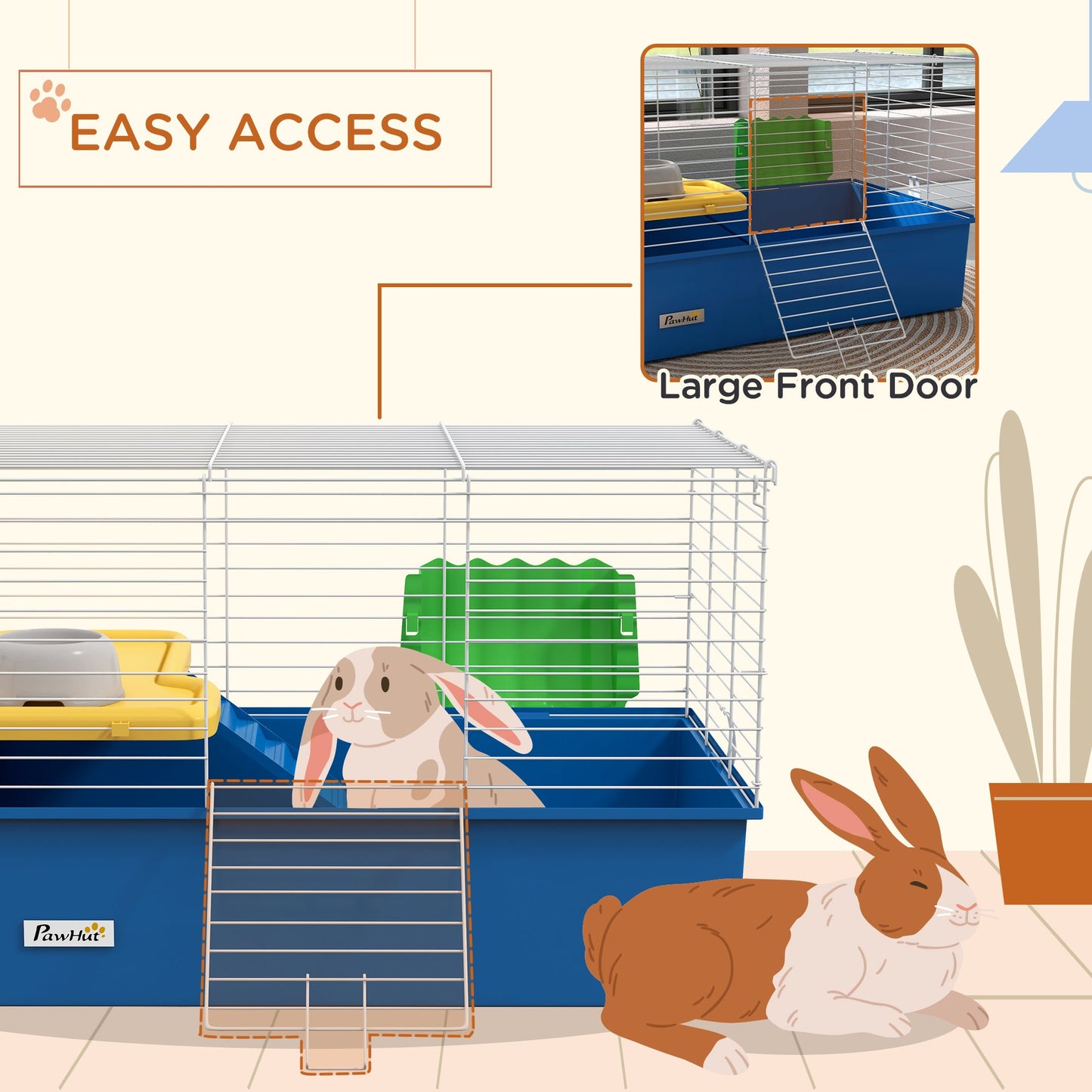 Guinea Pig Cage Chinchillas Rabbit Small Animal Cage with Ramp, Dish, Water Bottle, 71 x 46 x 47cm, Blue