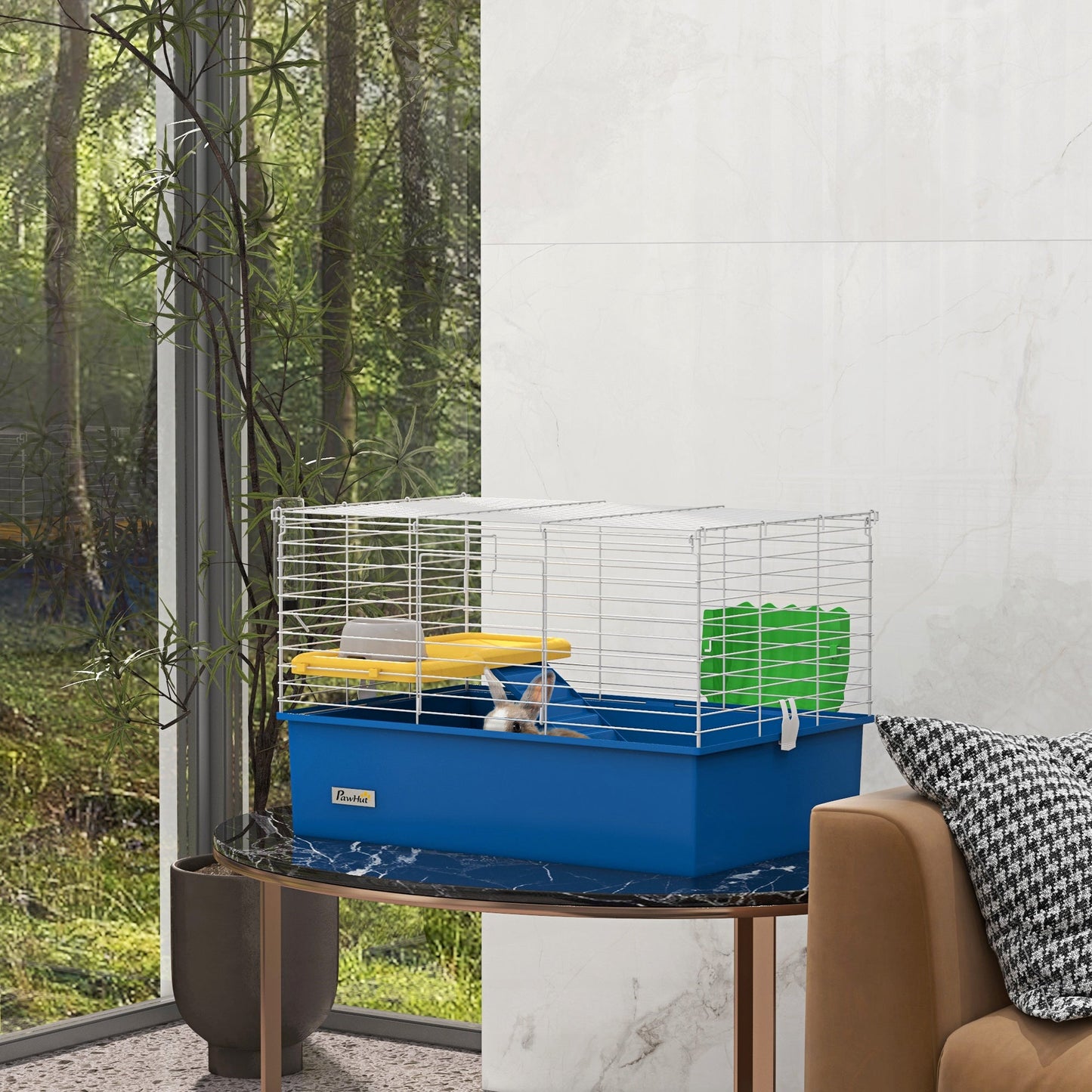 Guinea Pig Cage Chinchillas Rabbit Small Animal Cage with Ramp, Dish, Water Bottle, 71 x 46 x 47cm, Blue