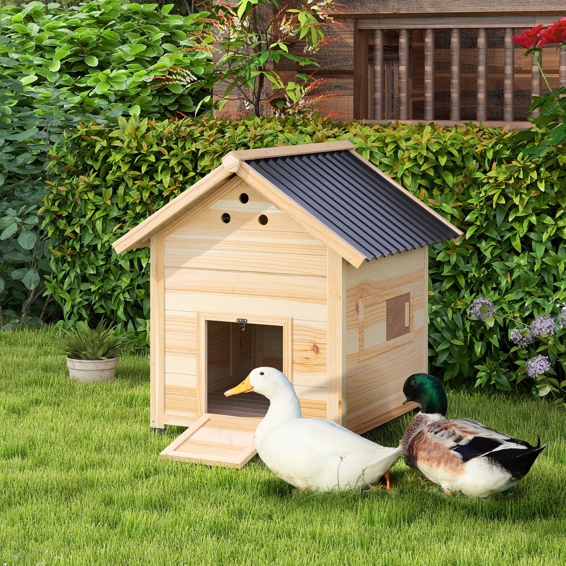 Wooden Duck House, Raised Chicken Coop with Double Doors, Poultry Coop with Openable Roof, Ventilation Holes, Removable Base, Natural Wood Finish