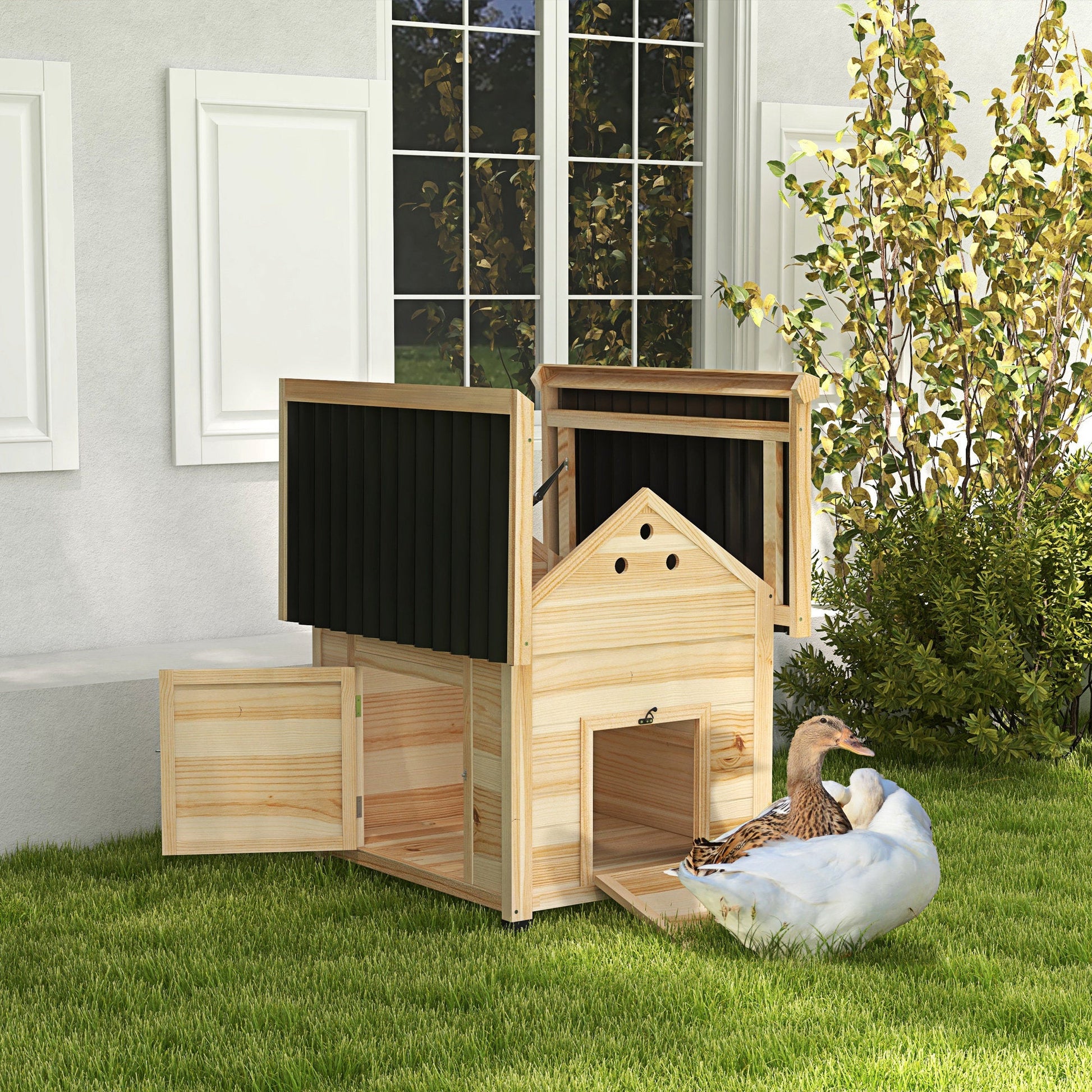 Wooden Duck House, Raised Chicken Coop with Double Doors, Poultry Coop with Openable Roof, Ventilation Holes, Removable Base, Natural Wood Finish