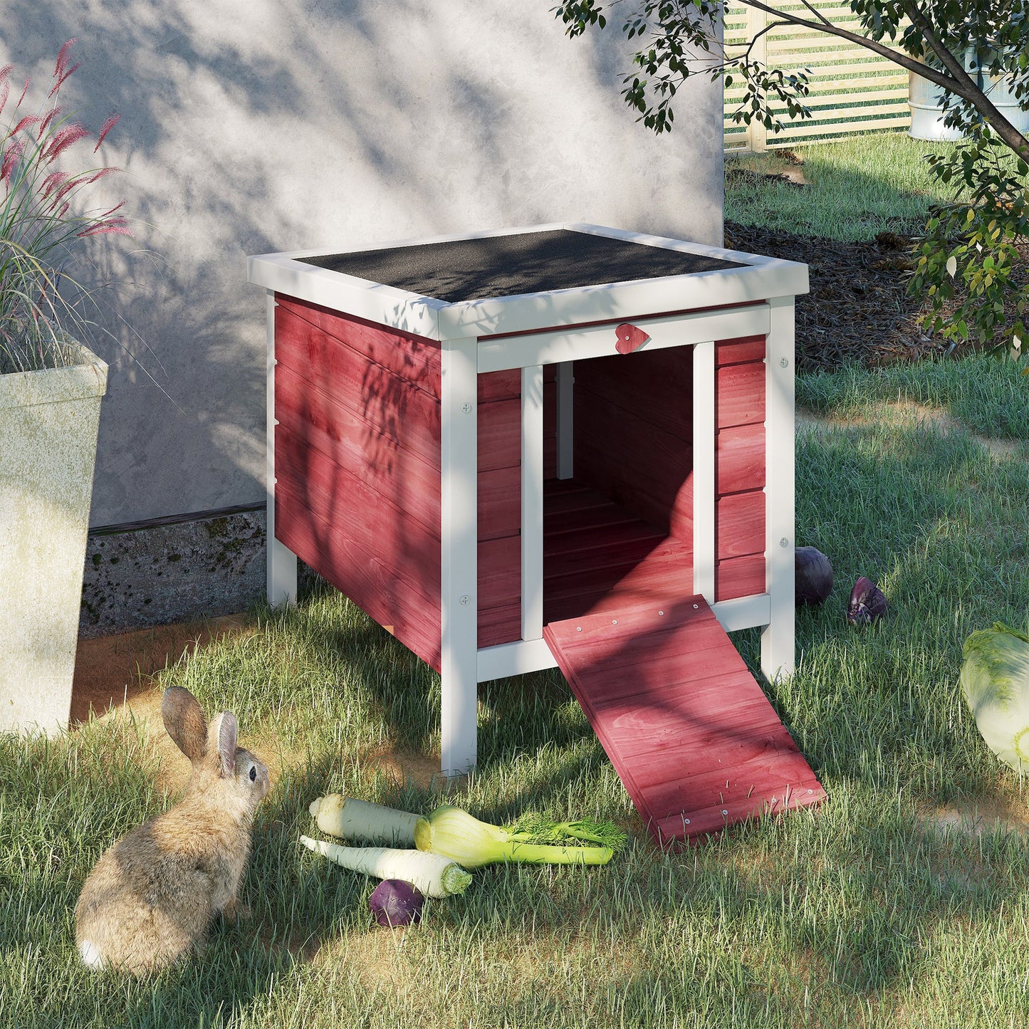 Wooden Rabbit Hutch Outdoor, Guinea Pig Hutch, Rabbit Hideaway, Cat House, Bunny Cage Small Animal House with Openable Roof, 51 x 42 x 43 cm, Red