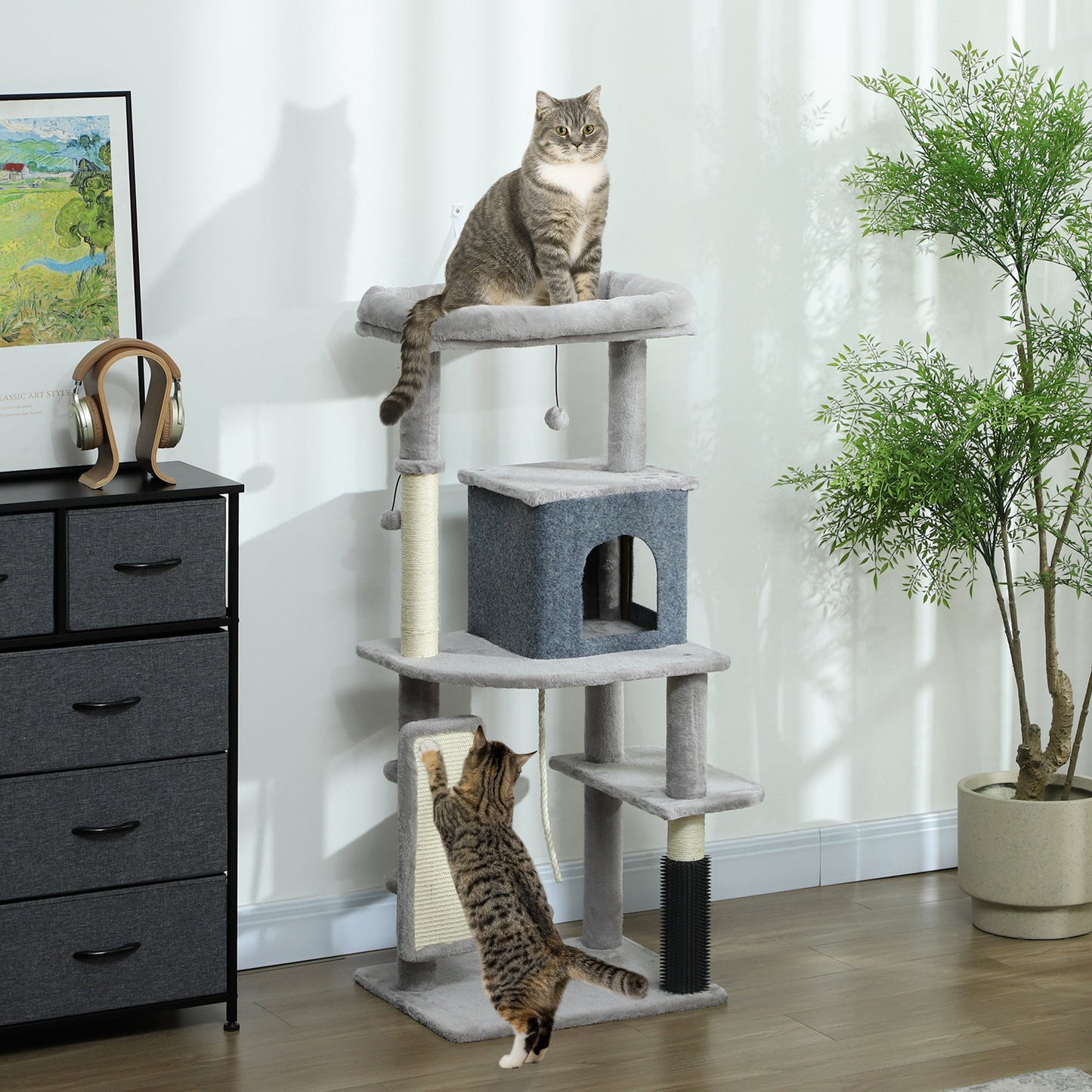 Cat Tree for Indoor Cats, 132cm Cat Tower with Scratching Posts and Pad, Cat Bed, Cat House, Jumping Platform, Grooming Brush, Toy Balls, Anti-Tip Kit, Cat Climbing Frame, Light Grey