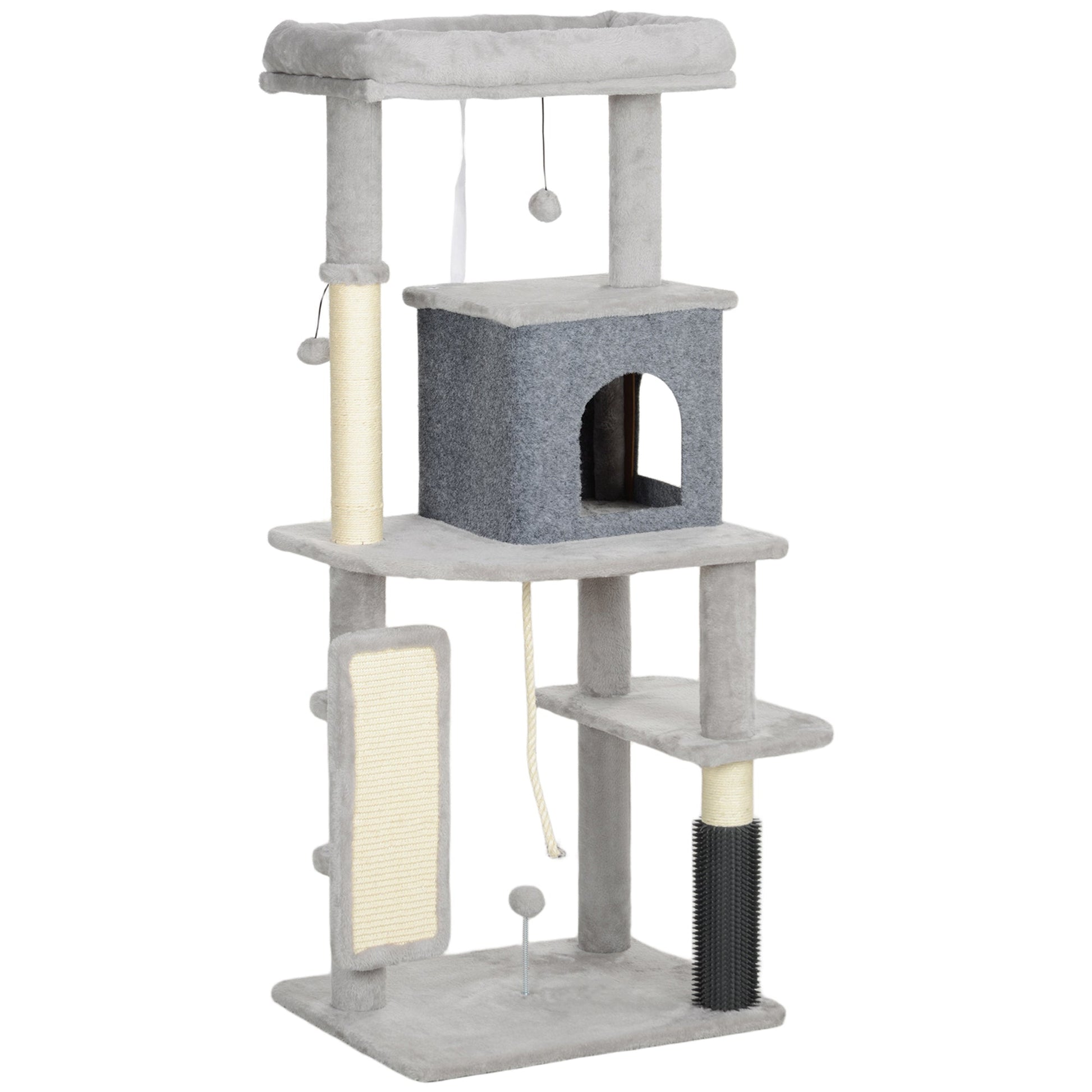 Cat Tree for Indoor Cats, 132cm Cat Tower with Scratching Posts and Pad, Cat Bed, Cat House, Jumping Platform, Grooming Brush, Toy Balls, Anti-Tip Kit, Cat Climbing Frame, Light Grey