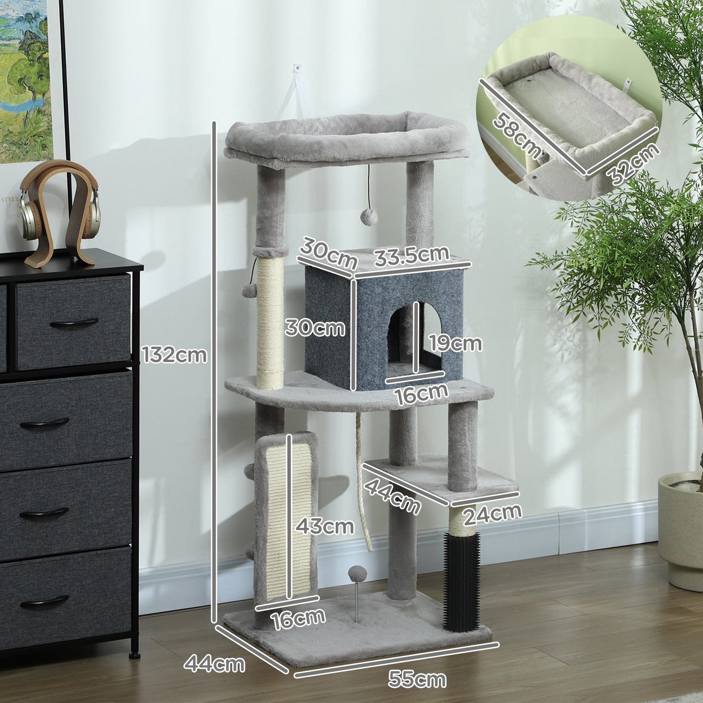 Cat Tree for Indoor Cats, 132cm Cat Tower with Scratching Posts and Pad, Cat Bed, Cat House, Jumping Platform, Grooming Brush, Toy Balls, Anti-Tip Kit, Cat Climbing Frame, Light Grey