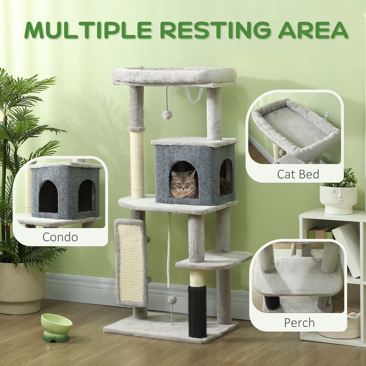 Cat Tree for Indoor Cats, 132cm Cat Tower with Scratching Posts and Pad, Cat Bed, Cat House, Jumping Platform, Grooming Brush, Toy Balls, Anti-Tip Kit, Cat Climbing Frame, Light Grey