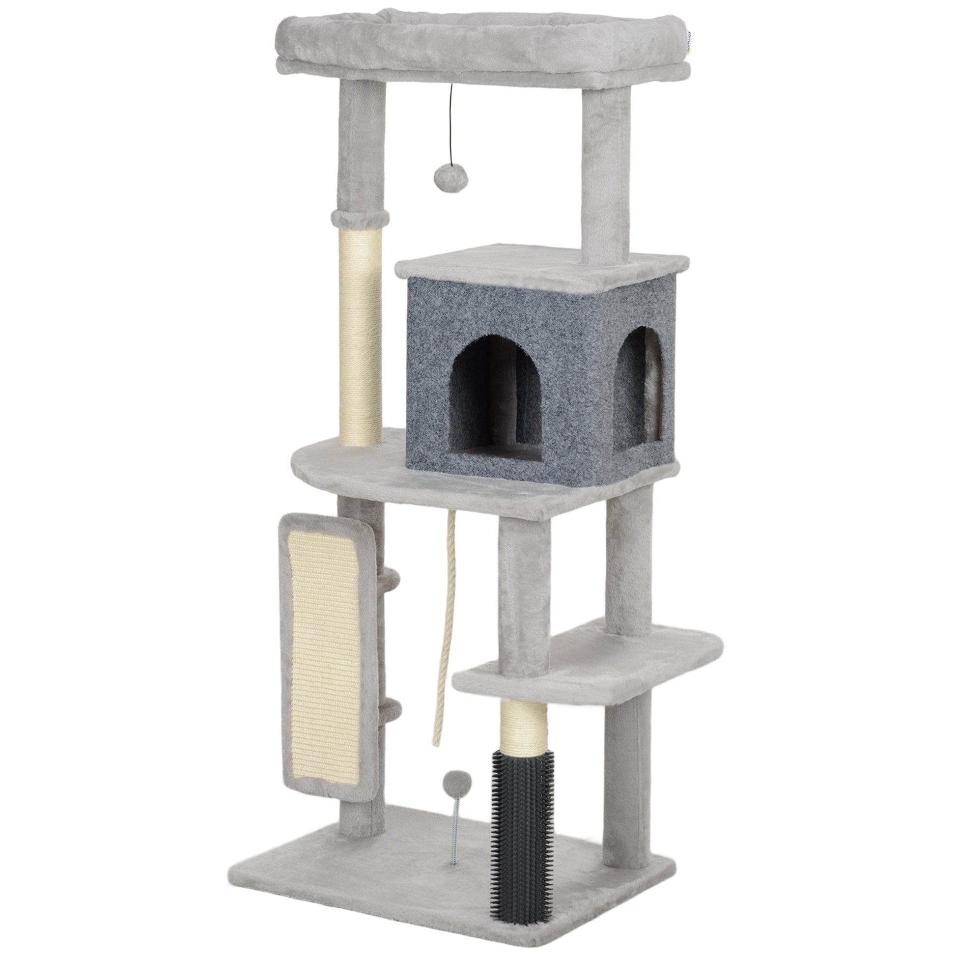 Cat Tree for Indoor Cats, 132cm Cat Tower with Scratching Posts and Pad, Cat Bed, Cat House, Jumping Platform, Grooming Brush, Toy Balls, Anti-Tip Kit, Cat Climbing Frame, Light Grey