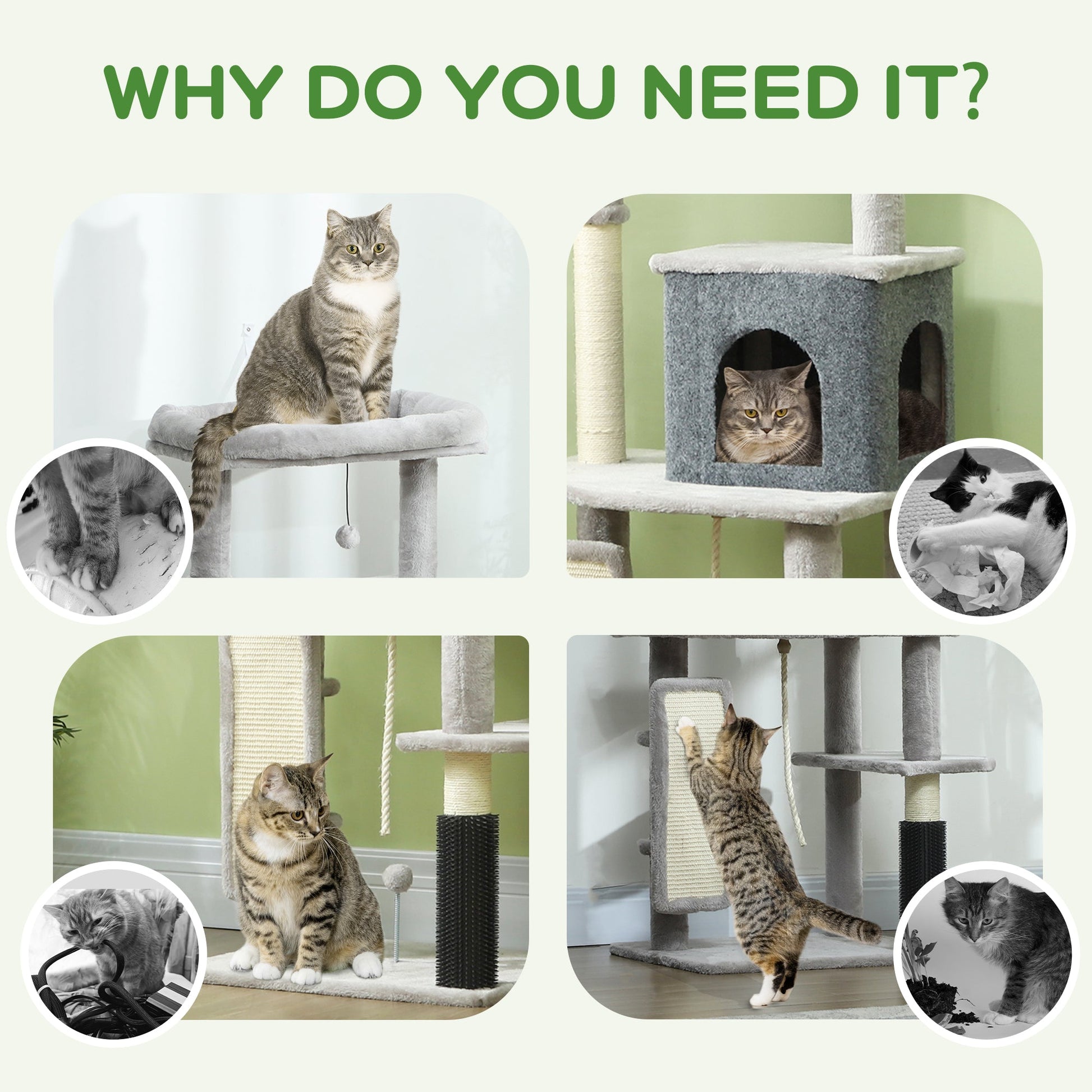 Cat Tree for Indoor Cats, 132cm Cat Tower with Scratching Posts and Pad, Cat Bed, Cat House, Jumping Platform, Grooming Brush, Toy Balls, Anti-Tip Kit, Cat Climbing Frame, Light Grey