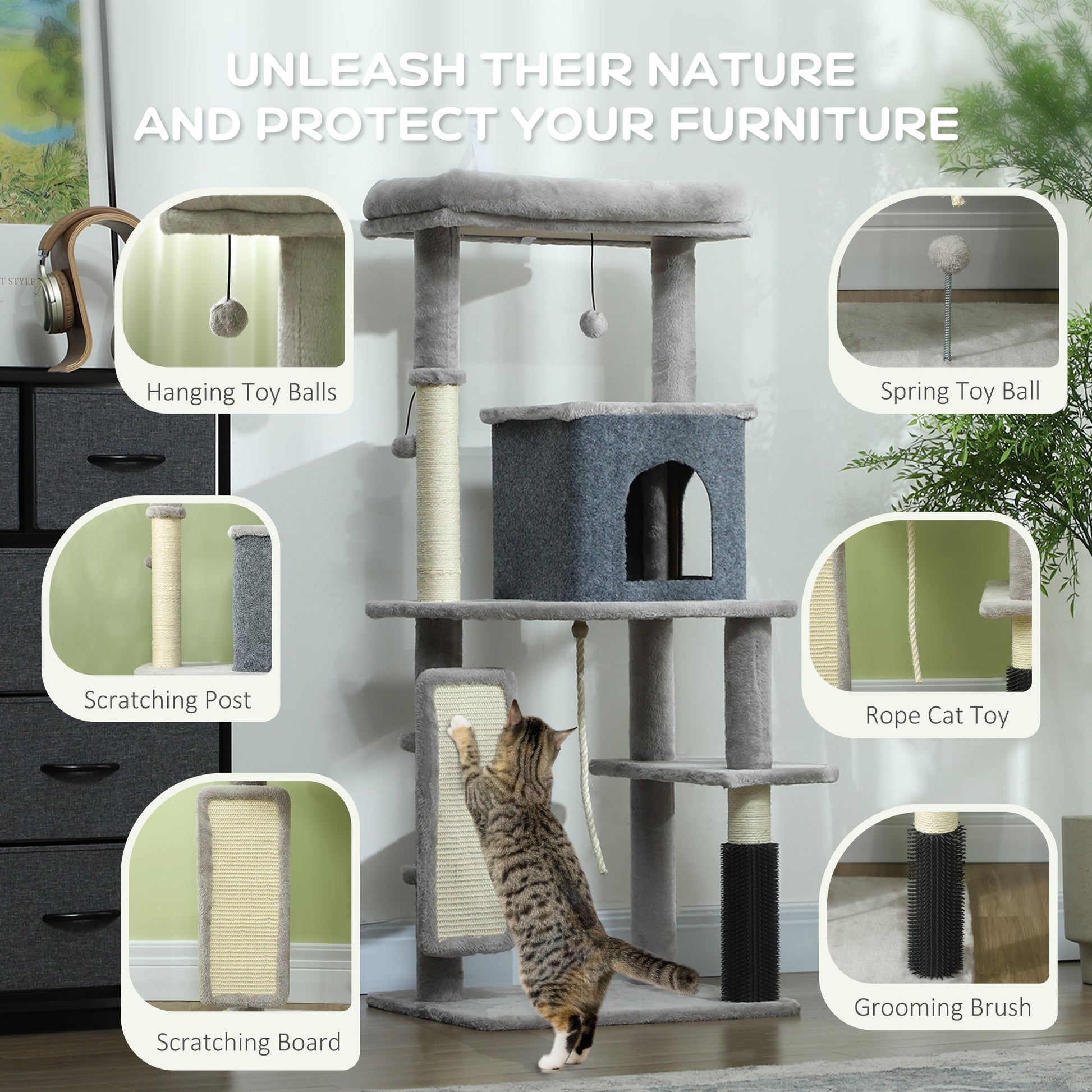 Cat Tree for Indoor Cats, 132cm Cat Tower with Scratching Posts and Pad, Cat Bed, Cat House, Jumping Platform, Grooming Brush, Toy Balls, Anti-Tip Kit, Cat Climbing Frame, Light Grey