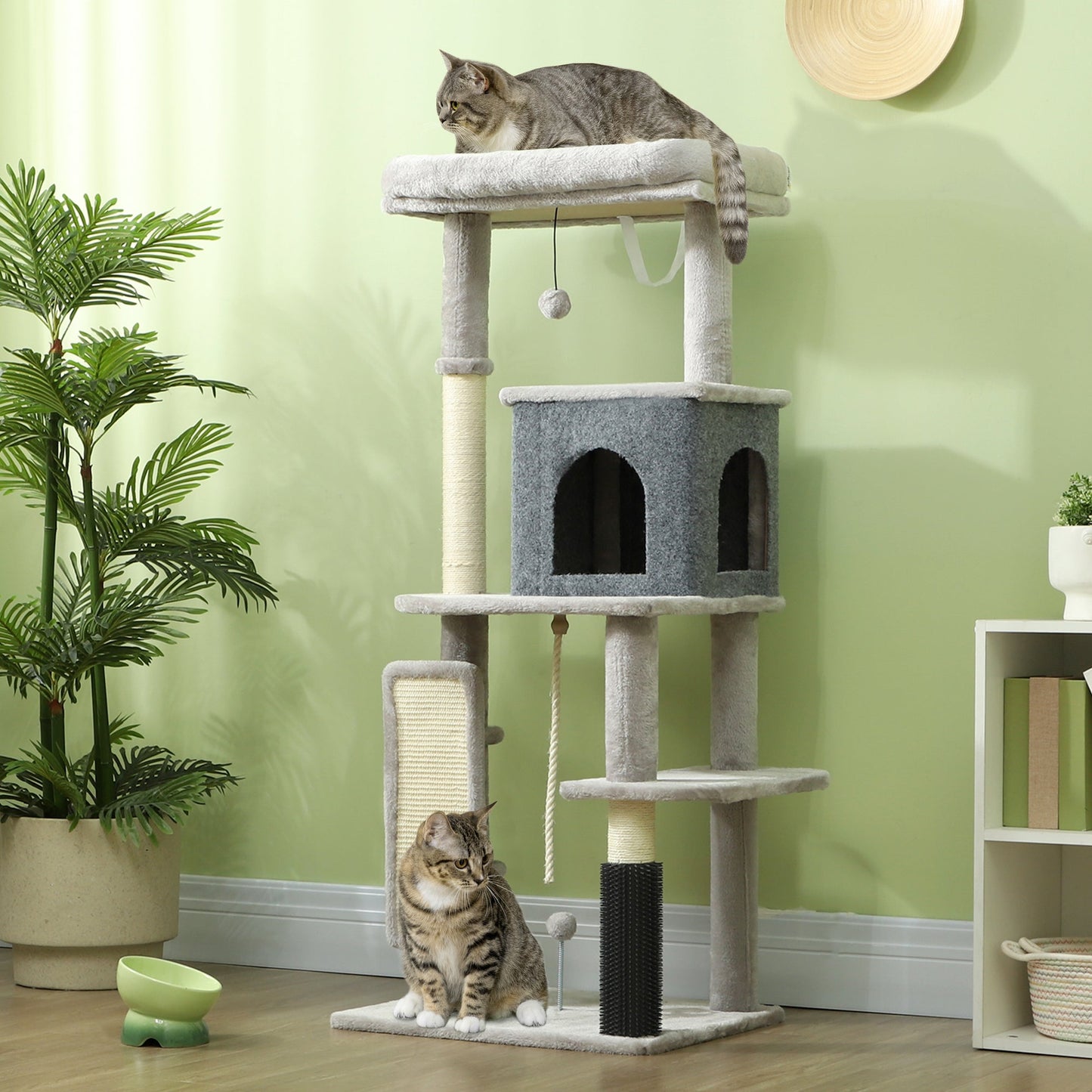 Cat Tree for Indoor Cats, 132cm Cat Tower with Scratching Posts and Pad, Cat Bed, Cat House, Jumping Platform, Grooming Brush, Toy Balls, Anti-Tip Kit, Cat Climbing Frame, Light Grey