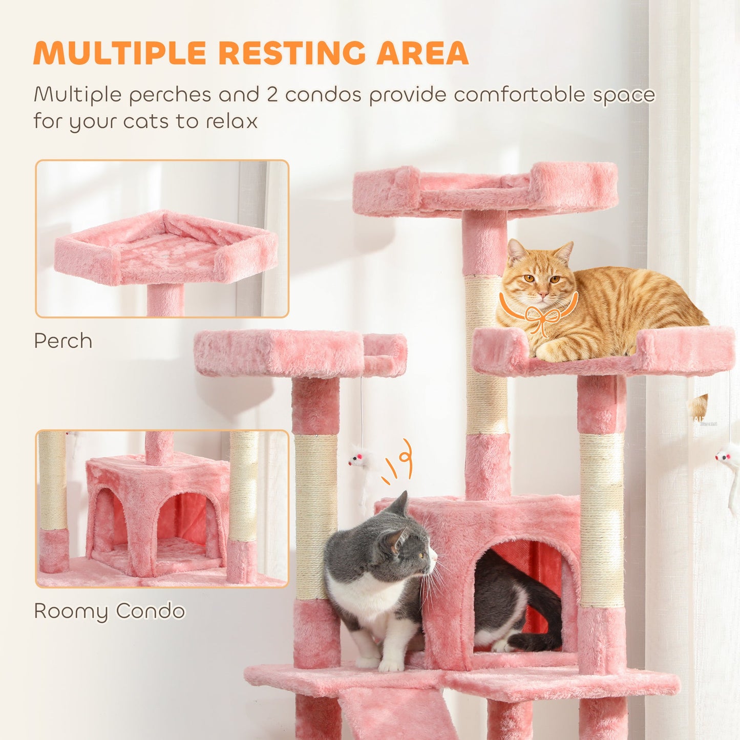 Large Cat Tree, 173 cm Cat Tower with 10 Scratching Posts, 3 Perches, 2 Condos, 1 Ramp, Kitty Climbing Tower, Activity Centre House  for Indoor Kittens, Pink