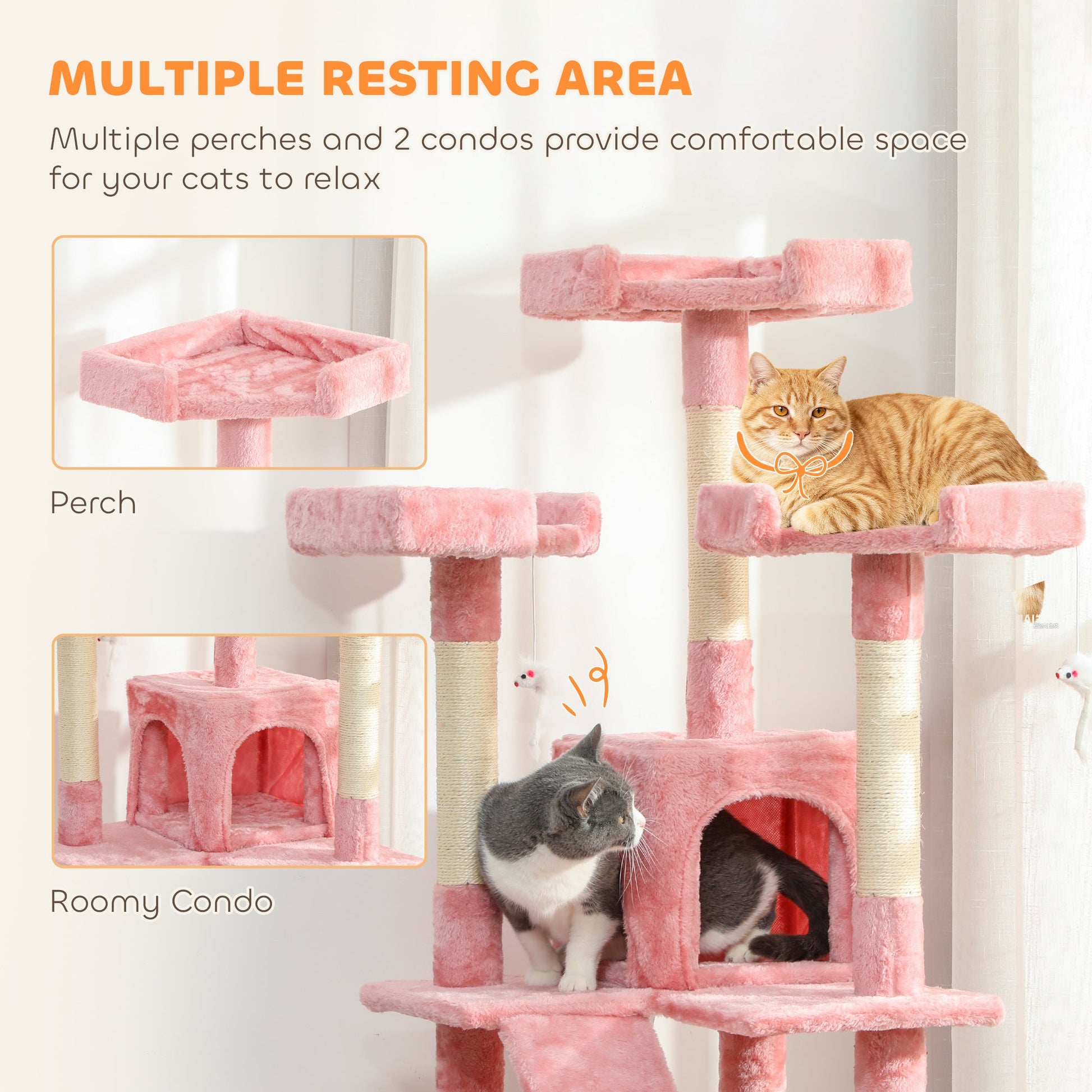 Large Cat Tree, 173 cm Cat Tower with 10 Scratching Posts, 3 Perches, 2 Condos, 1 Ramp, Kitty Climbing Tower, Activity Centre House  for Indoor Kittens, Pink