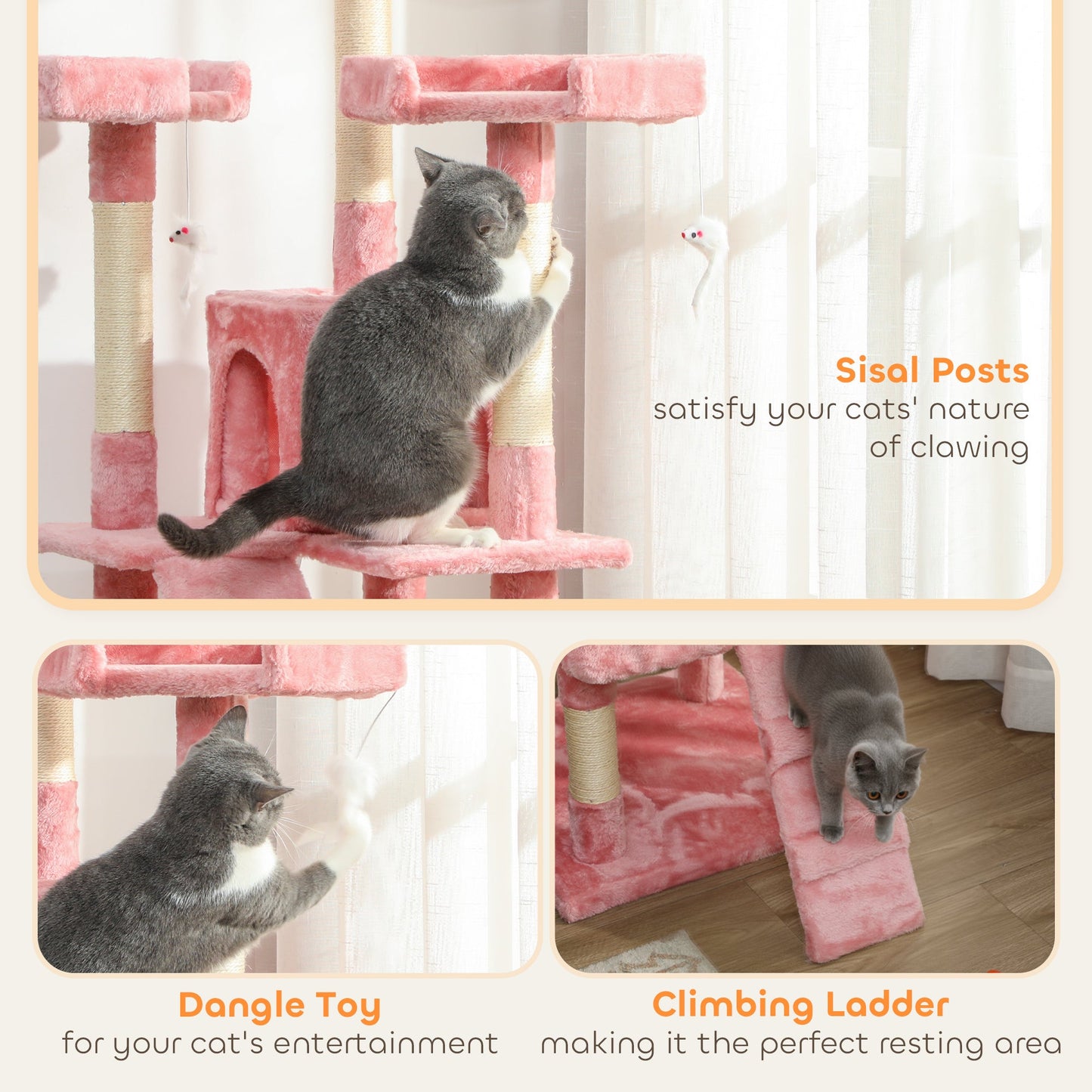 Large Cat Tree, 173 cm Cat Tower with 10 Scratching Posts, 3 Perches, 2 Condos, 1 Ramp, Kitty Climbing Tower, Activity Centre House  for Indoor Kittens, Pink