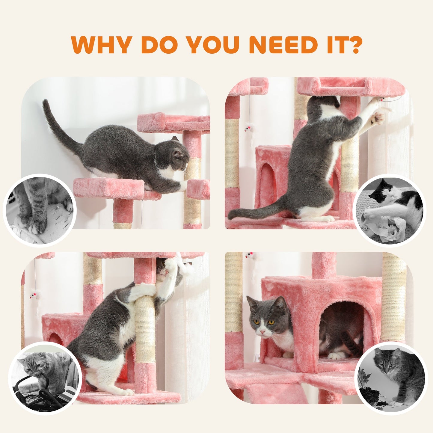 Large Cat Tree, 173 cm Cat Tower with 10 Scratching Posts, 3 Perches, 2 Condos, 1 Ramp, Kitty Climbing Tower, Activity Centre House  for Indoor Kittens, Pink
