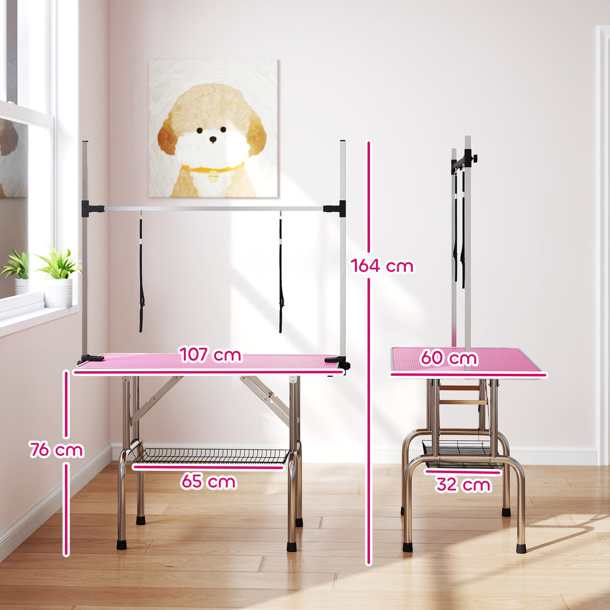 42" Foldable Dog Grooming Table Adjustable Pet Cat Drying Beauty Table Rubber Top with 2 Loops Storage Basket Metal Pink