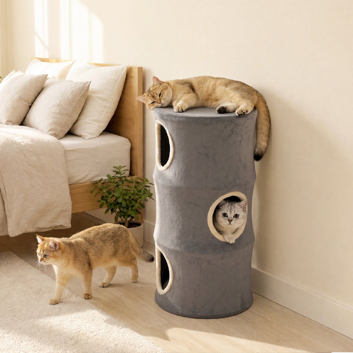 Cat House for Indoor Kittens, Cat Condo with Removable Washable Cover, Modern Barrel-Shaped Kitty Cave Bed, Stable Multi-Level Kitten Hideaway for Play & Rest, 40 x 40 x 80 cm, Grey