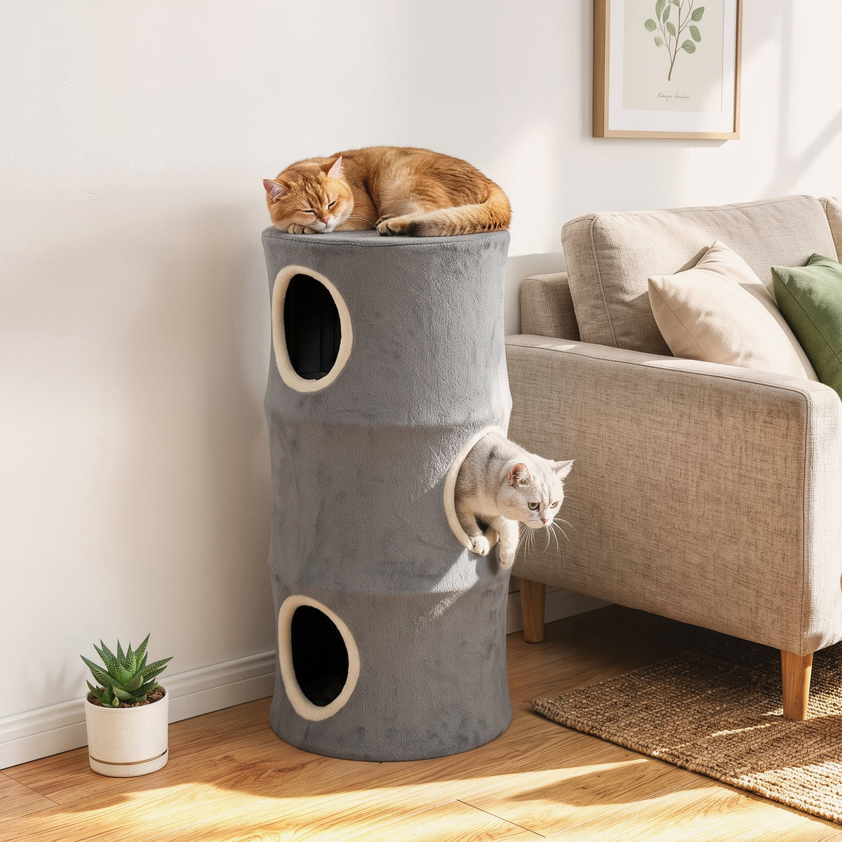 Cat House for Indoor Kittens, Cat Condo with Removable Washable Cover, Modern Barrel-Shaped Kitty Cave Bed, Stable Multi-Level Kitten Hideaway for Play & Rest, 40 x 40 x 80 cm, Grey